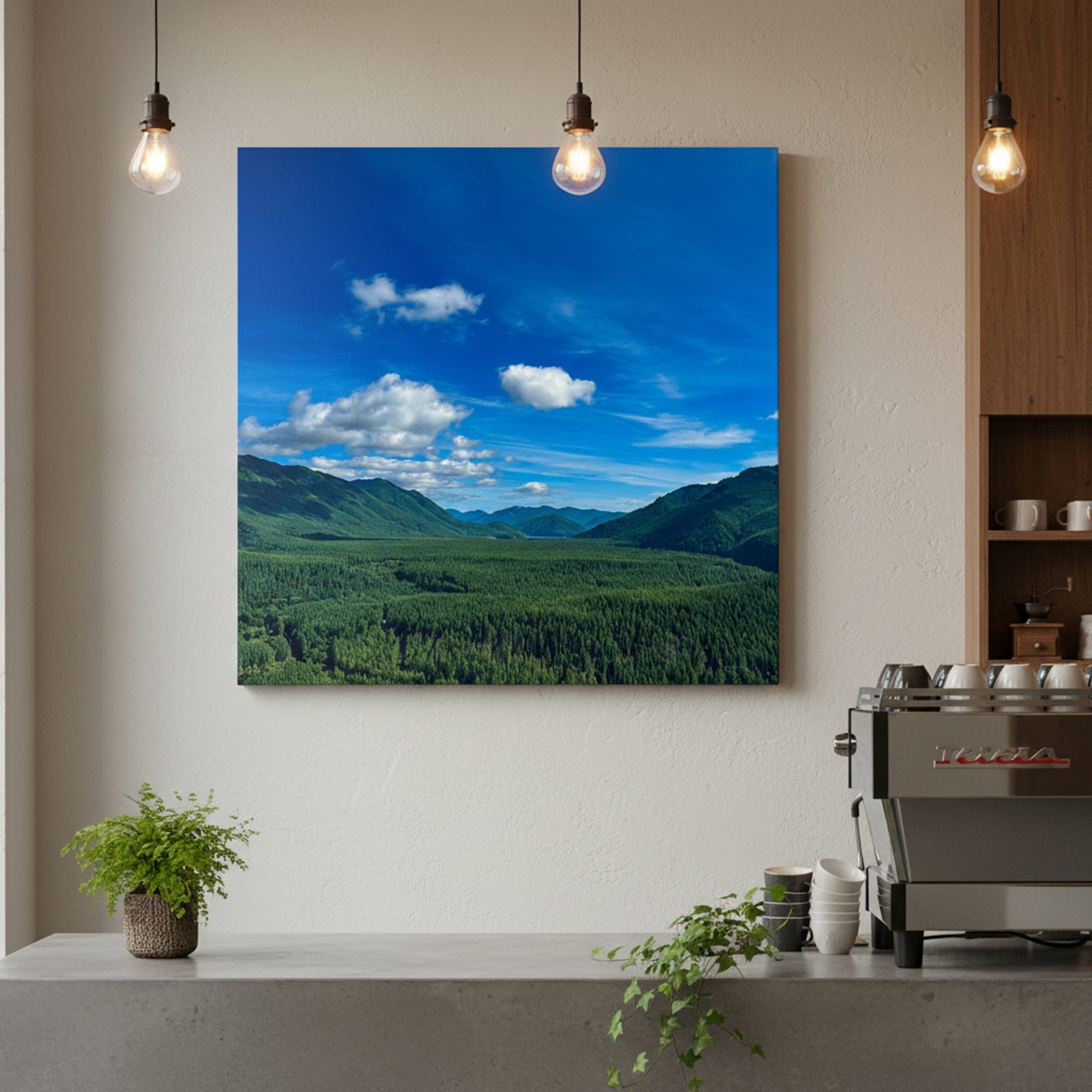 Emerald Peaks, Sapphire Sky shown as a canvas print in a styled interior, view 3 of 3