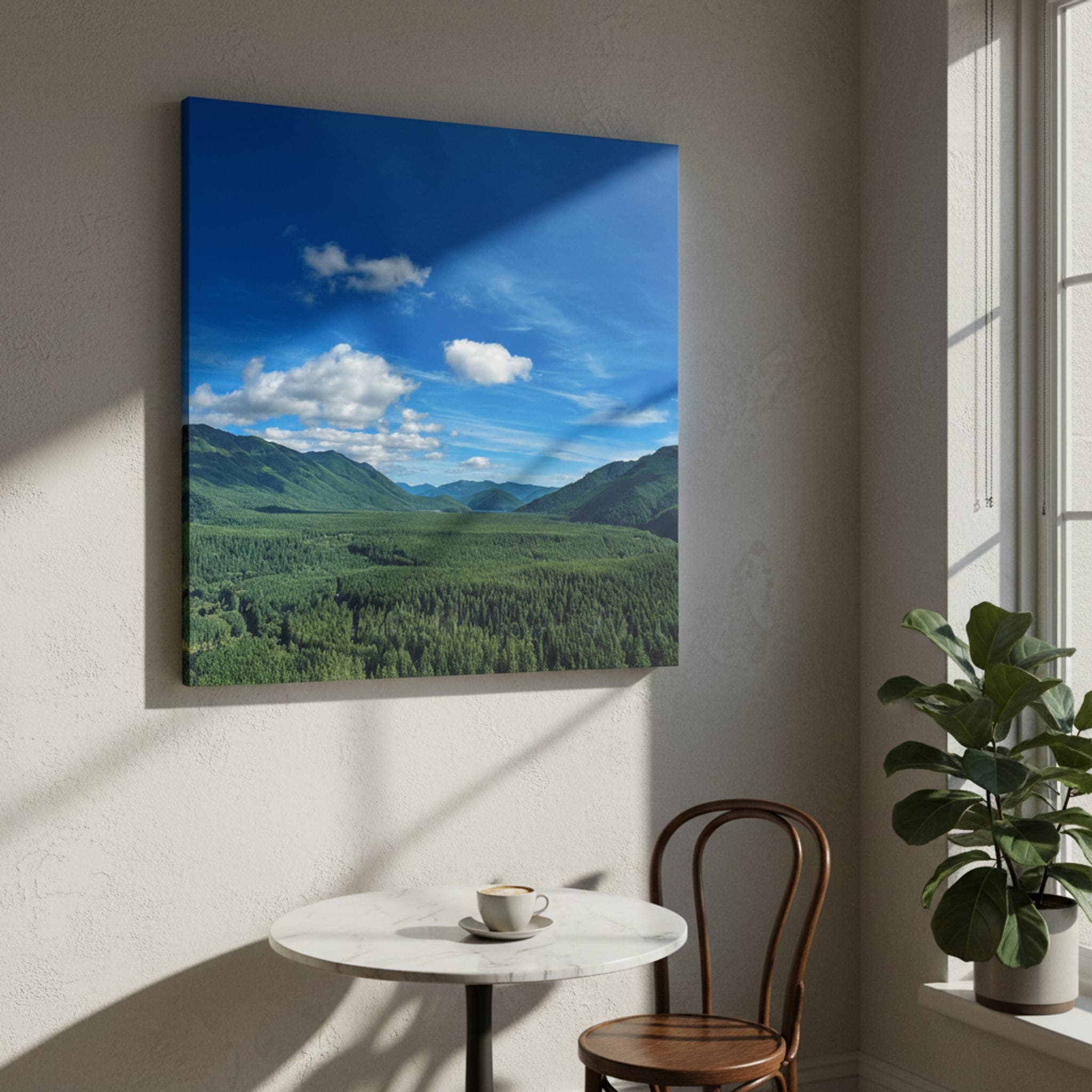 Emerald Peaks, Sapphire Sky shown as a canvas print in a styled interior, view 2 of 3