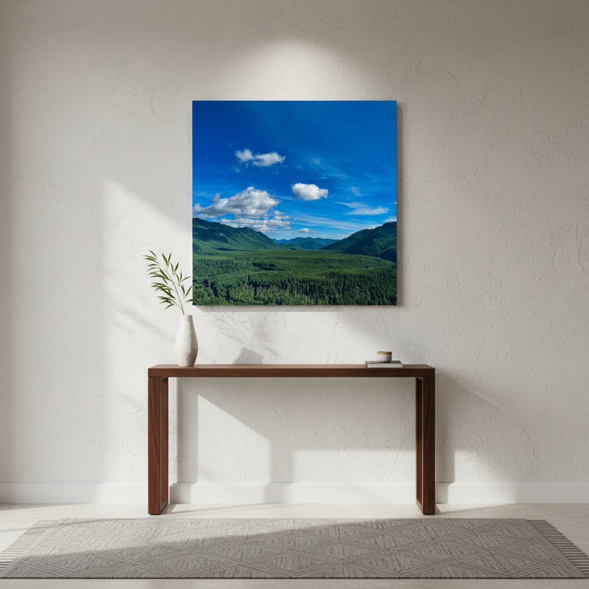 Emerald Peaks, Sapphire Sky shown as a canvas print in a styled interior, view 1 of 3