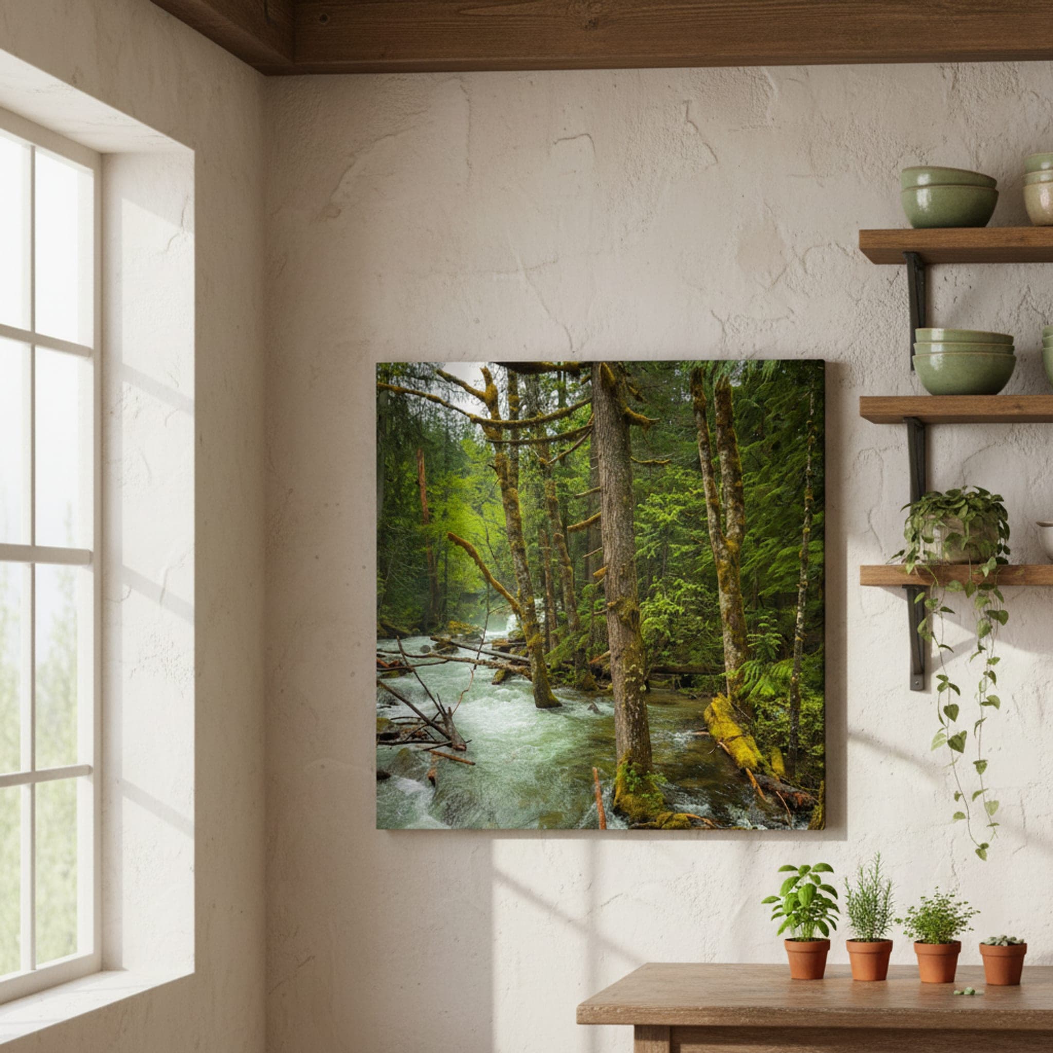 Emerald River's Embrace shown as a canvas print in a styled interior, view 1 of 3