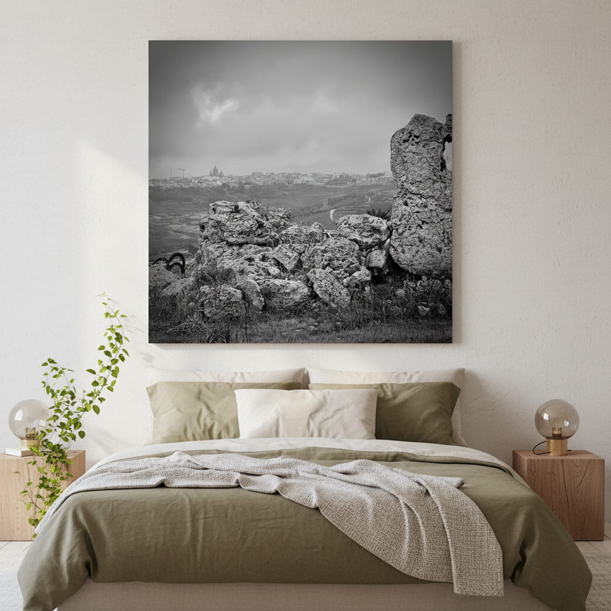 Maltese Stone Whispers shown as a canvas print in a styled interior, view 1 of 3