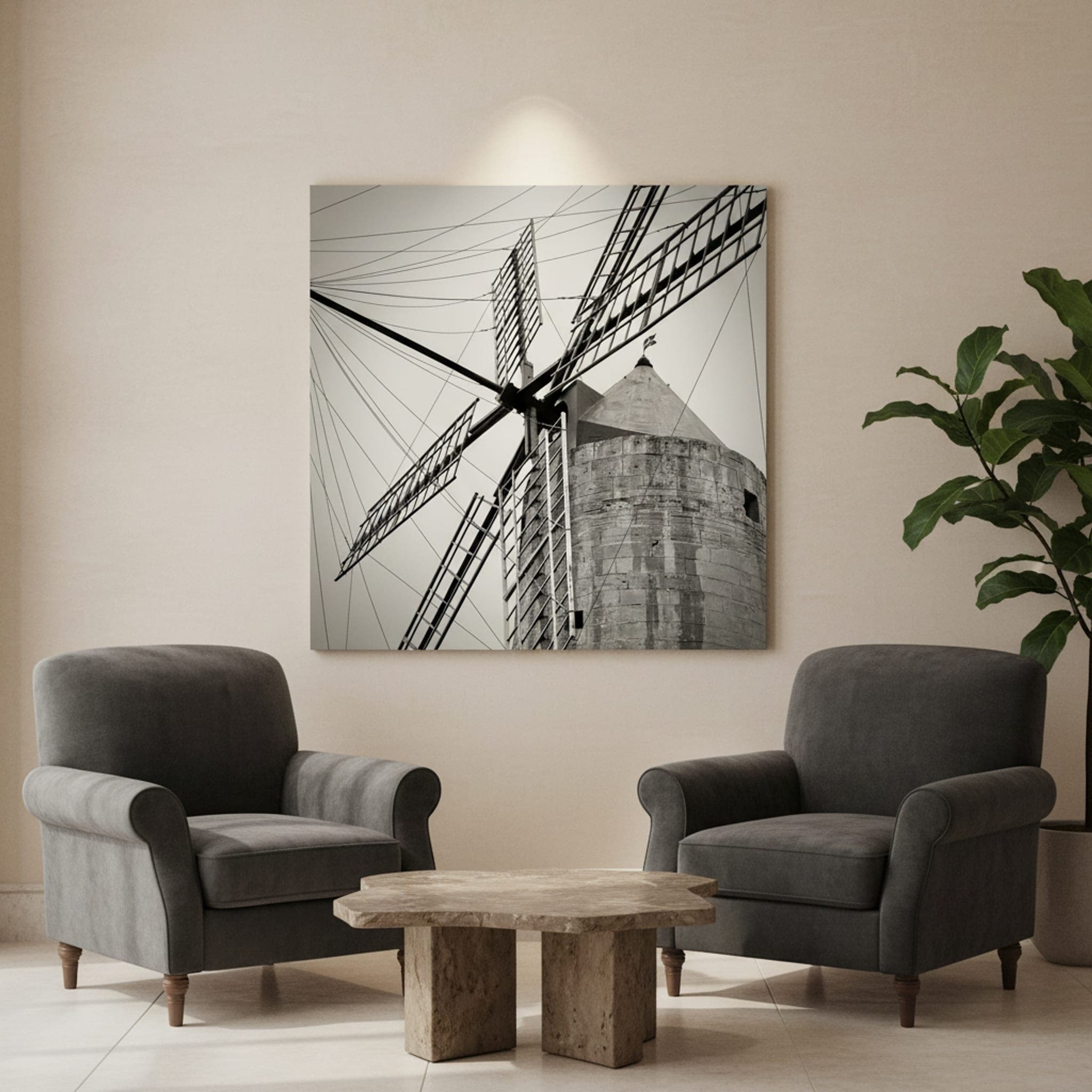 Windmill Sails Malta shown as a canvas print in a styled interior, view 1 of 3