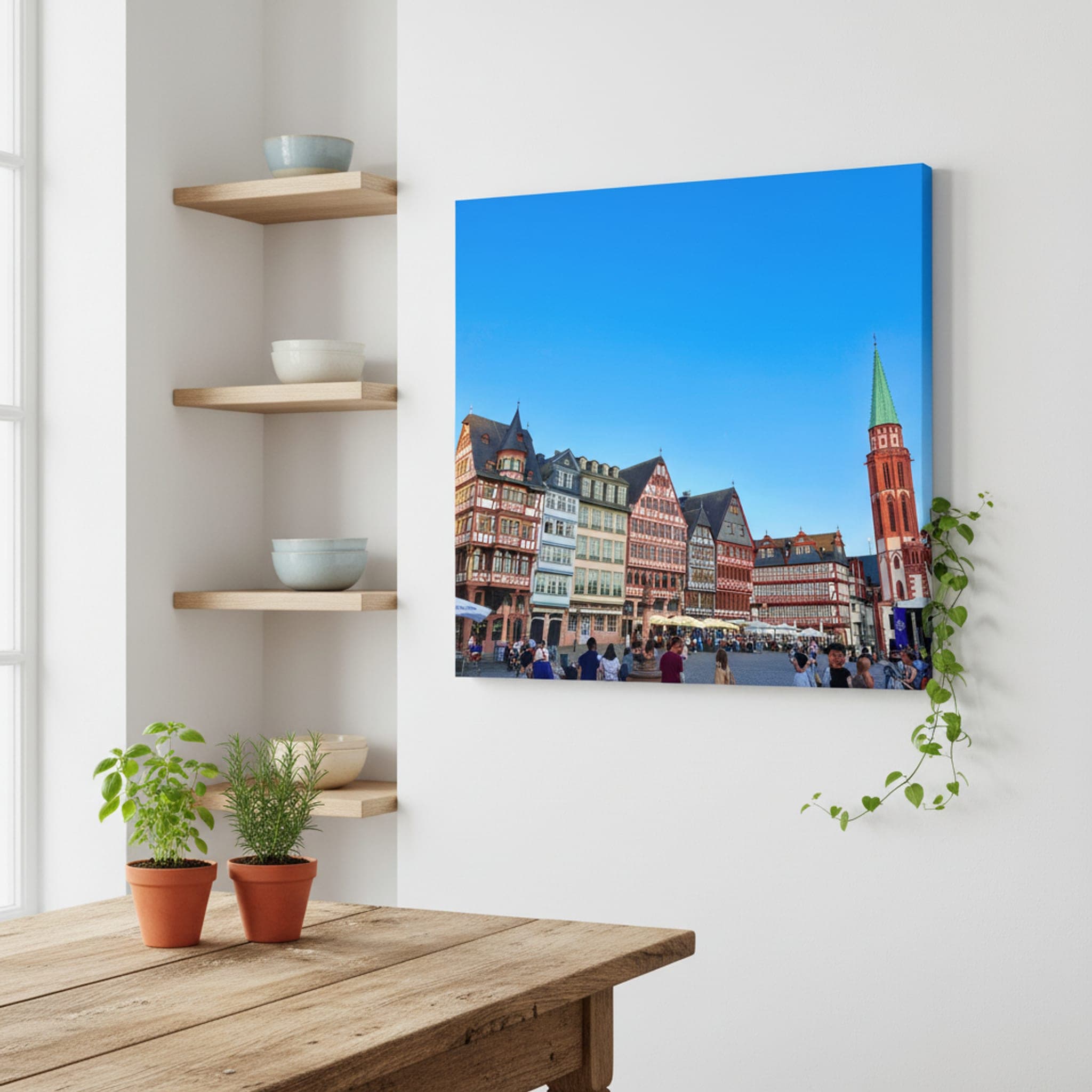 Frankfurt's Half-Timbered Charm shown as a canvas print in a styled interior, view 3 of 3