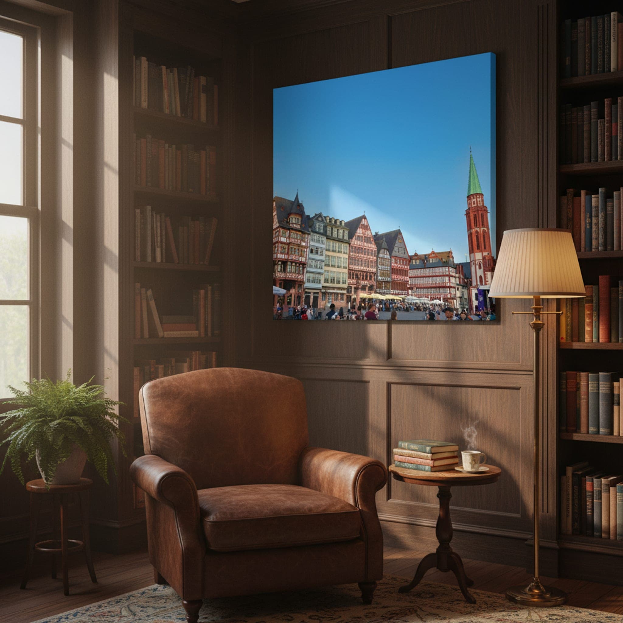 Frankfurt's Half-Timbered Charm shown as a canvas print in a styled interior, view 2 of 3