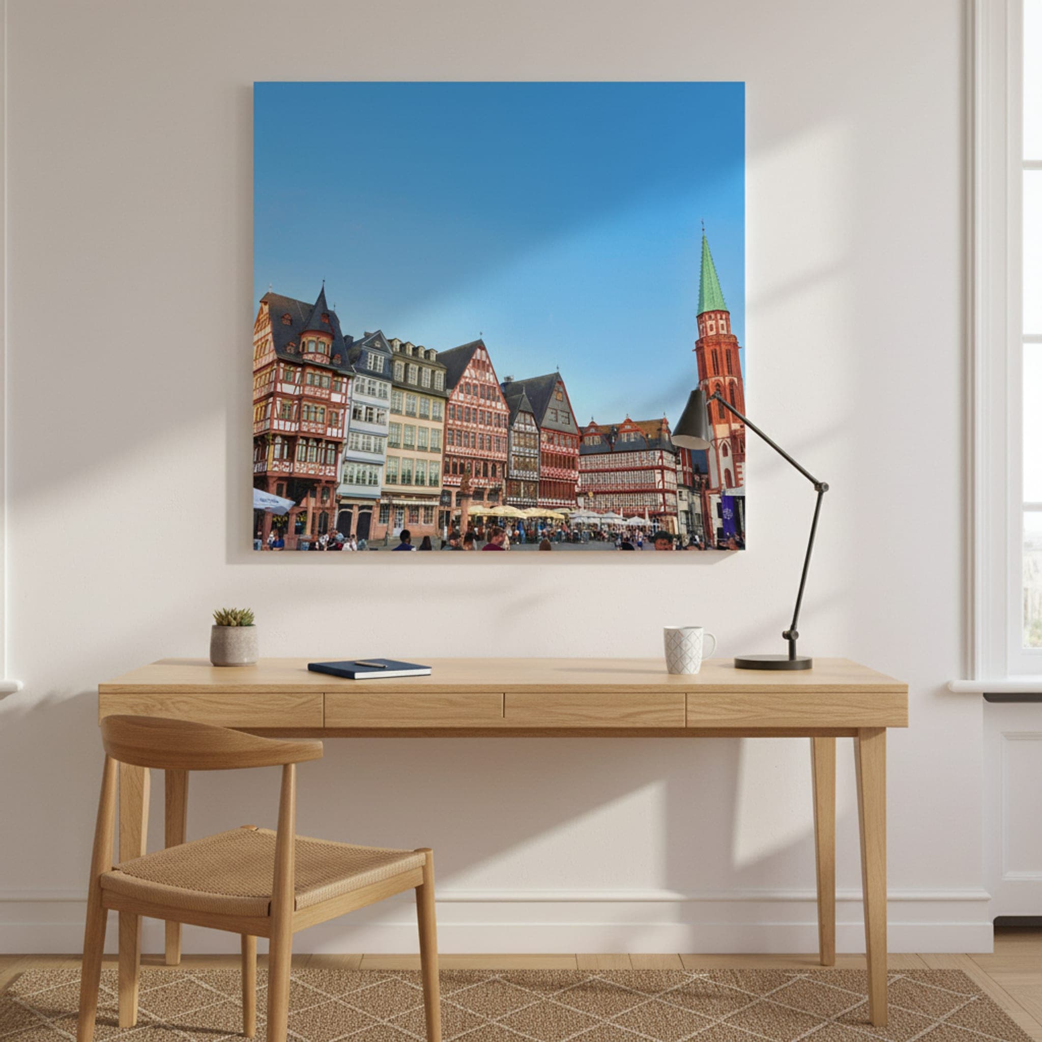 Frankfurt's Half-Timbered Charm shown as a canvas print in a styled interior, view 1 of 3