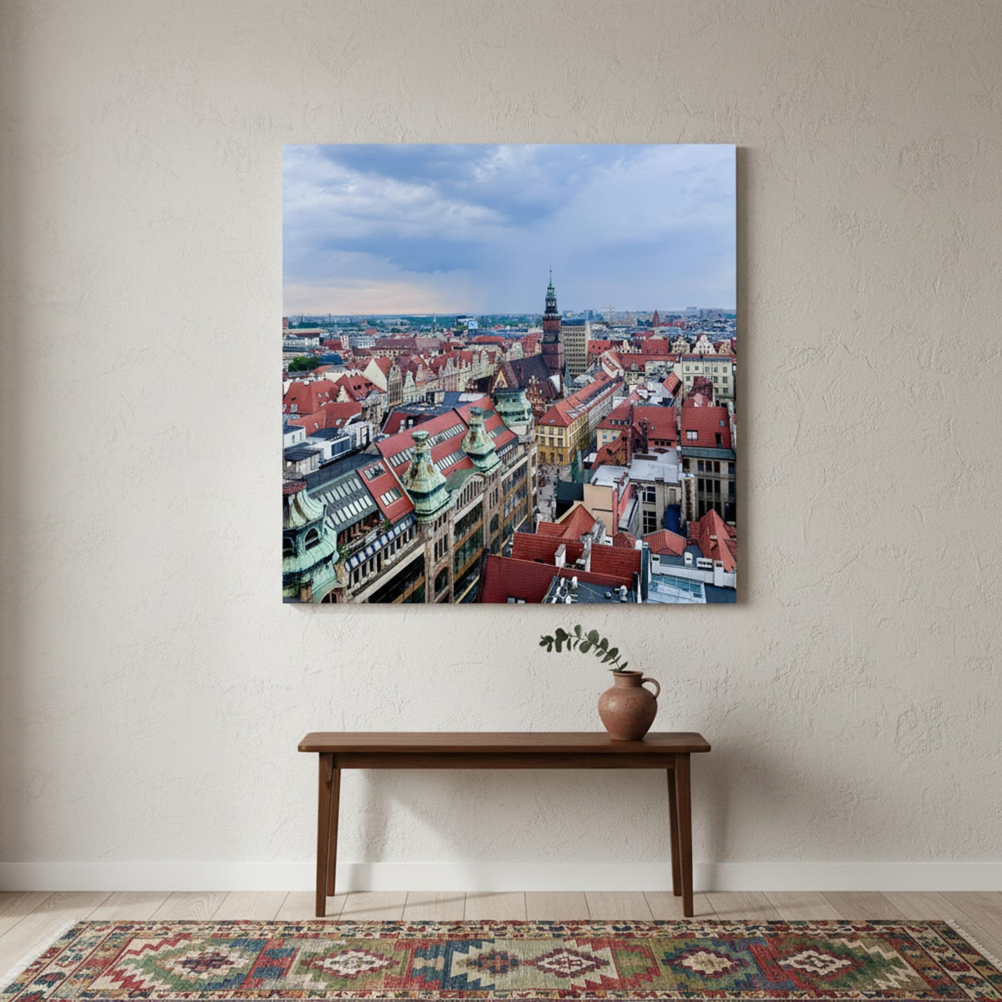 Wrocław Rooftop Panorama shown as a canvas print in a styled interior, view 2 of 3