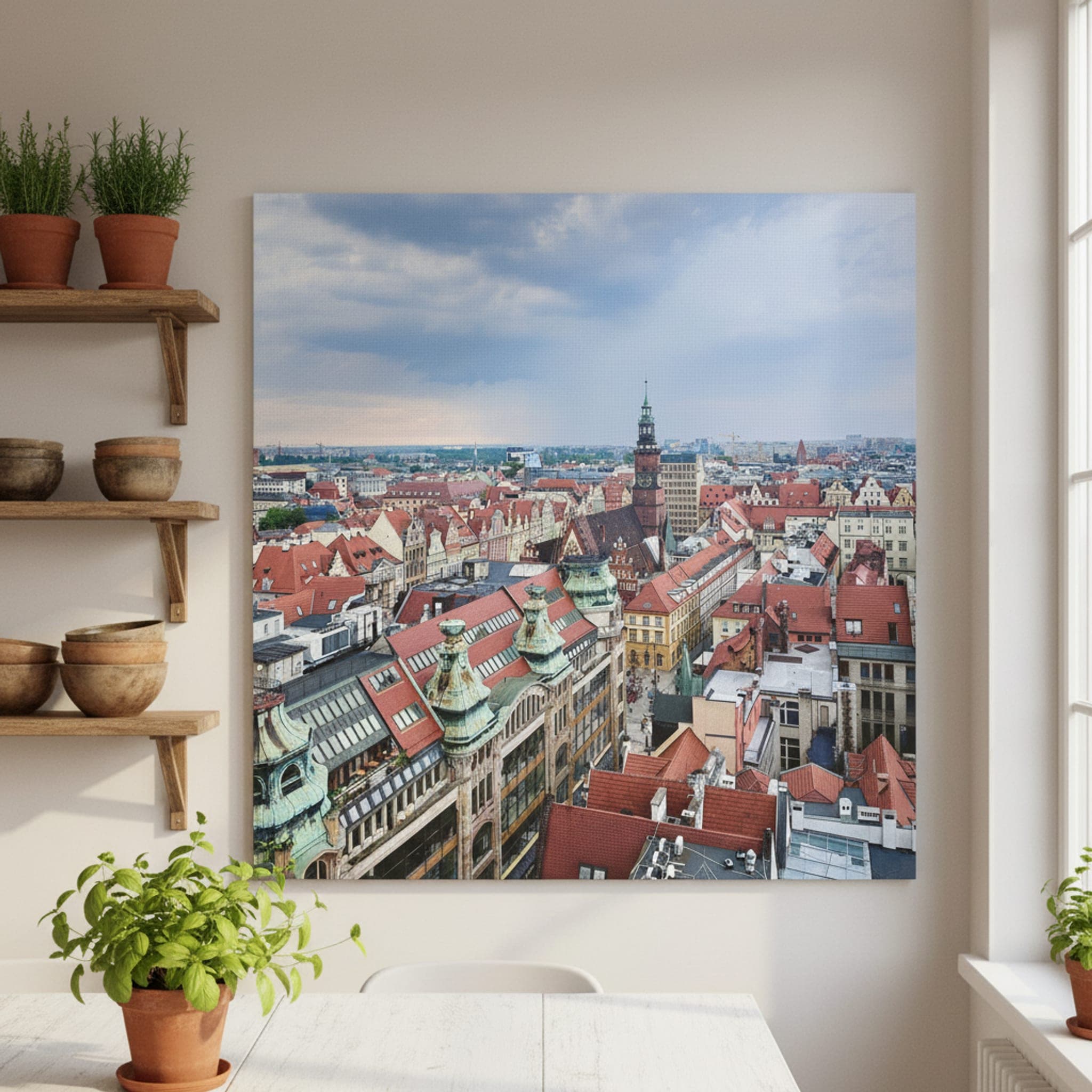 Wrocław Rooftop Panorama shown as a canvas print in a styled interior, view 1 of 3