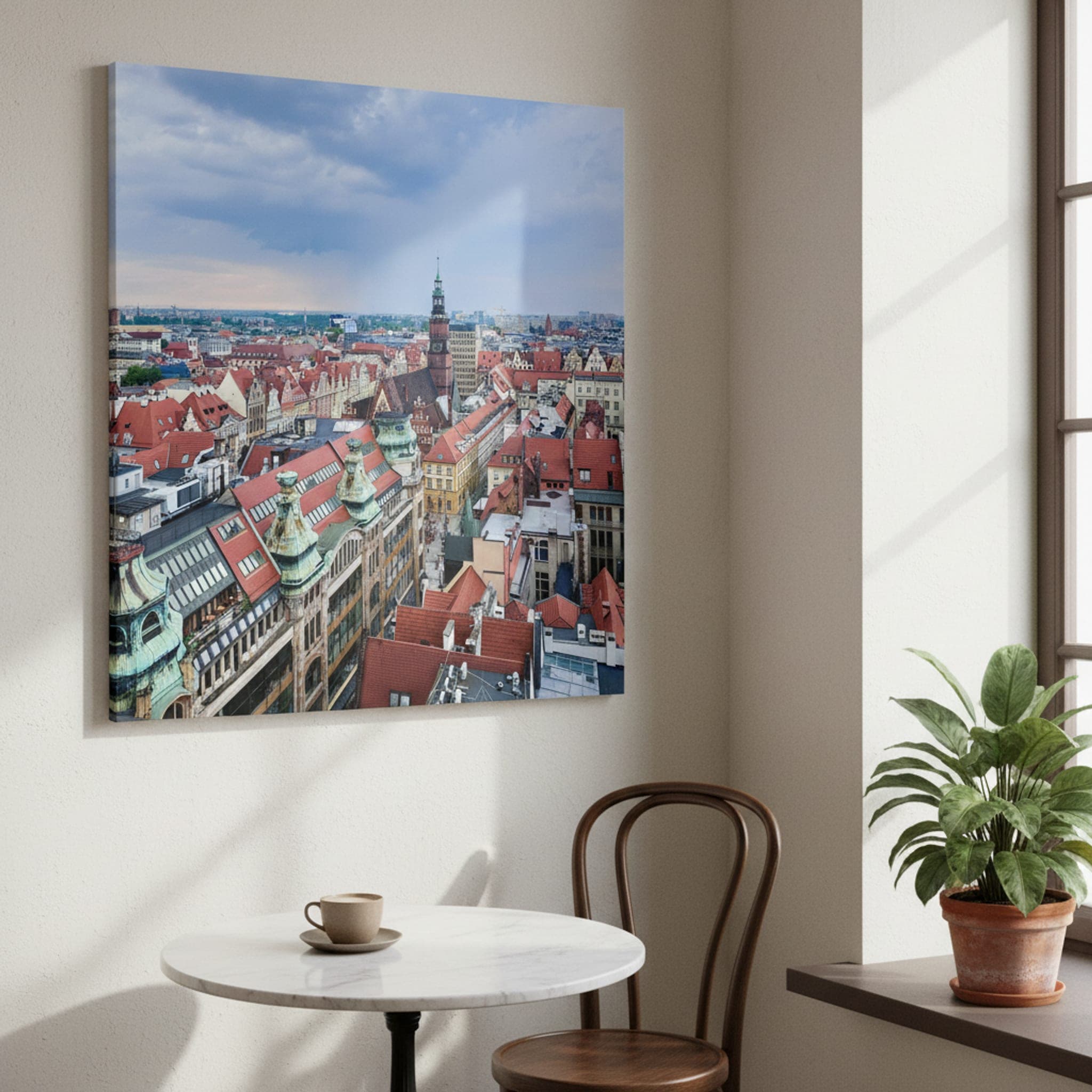 Wrocław Rooftop Panorama shown as a canvas print in a styled interior, view 3 of 3