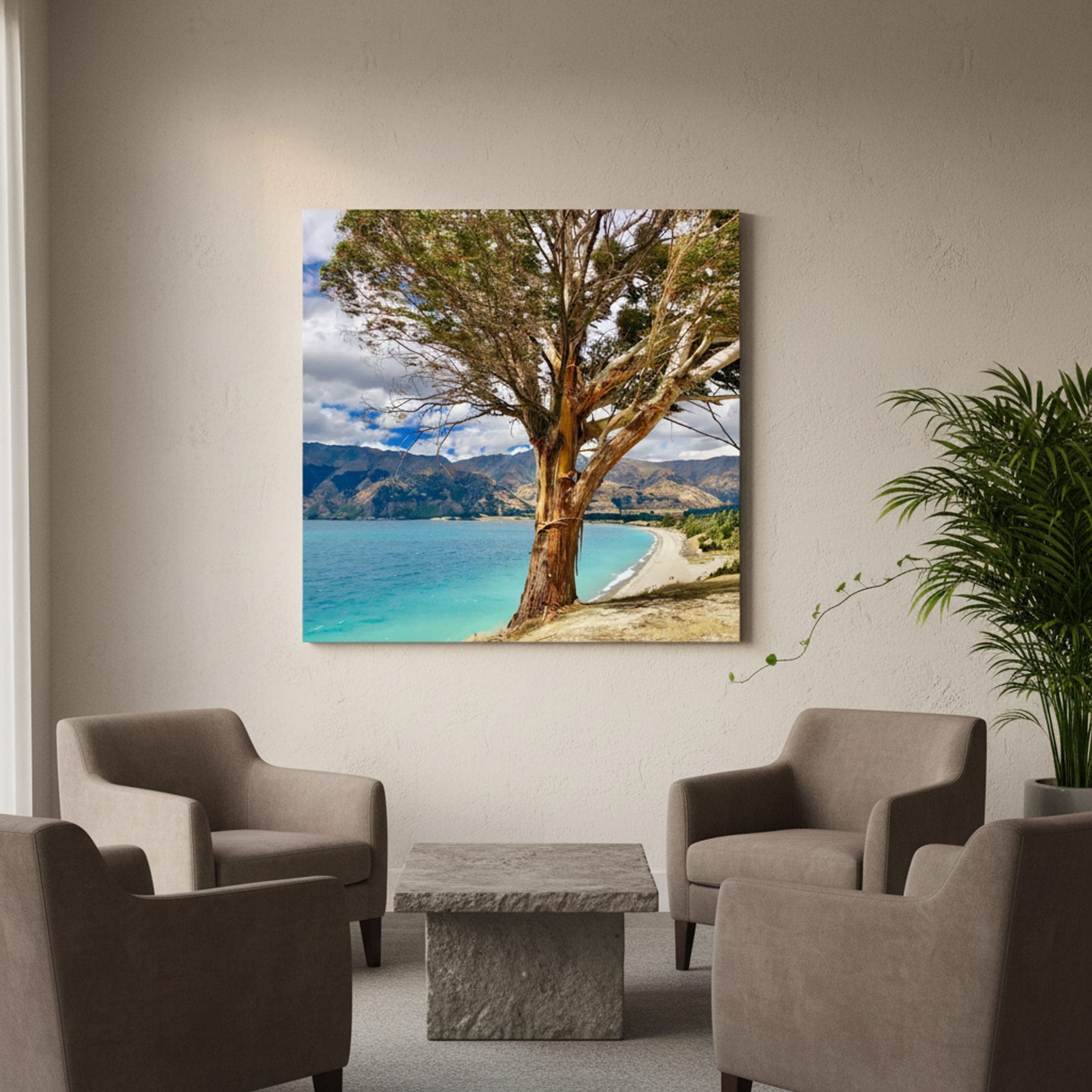 Hāwea's Windswept Sentinel shown as a canvas print in a styled interior, view 2 of 3