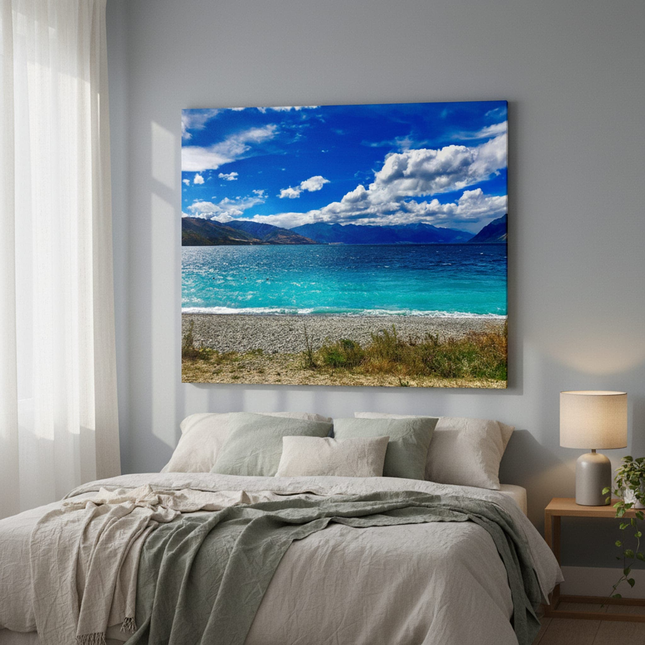 Turquoise Ripples, Southern Alps shown as a canvas print in a styled interior, view 2 of 3