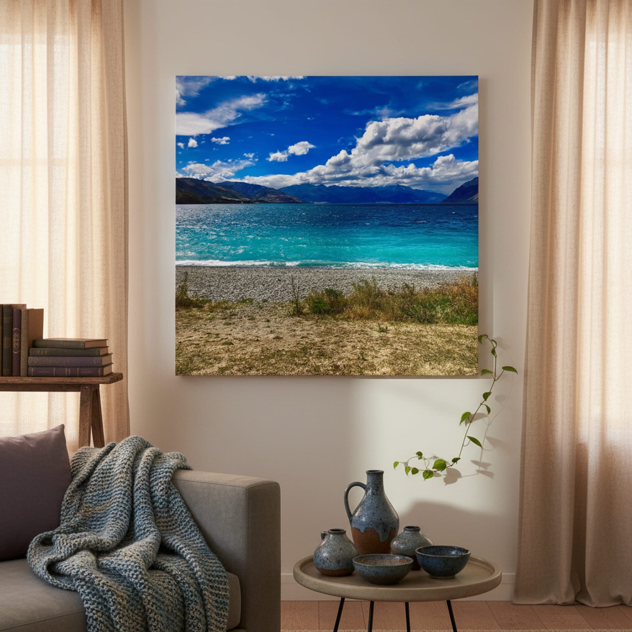 Turquoise Ripples, Southern Alps shown as a canvas print in a styled interior, view 1 of 3