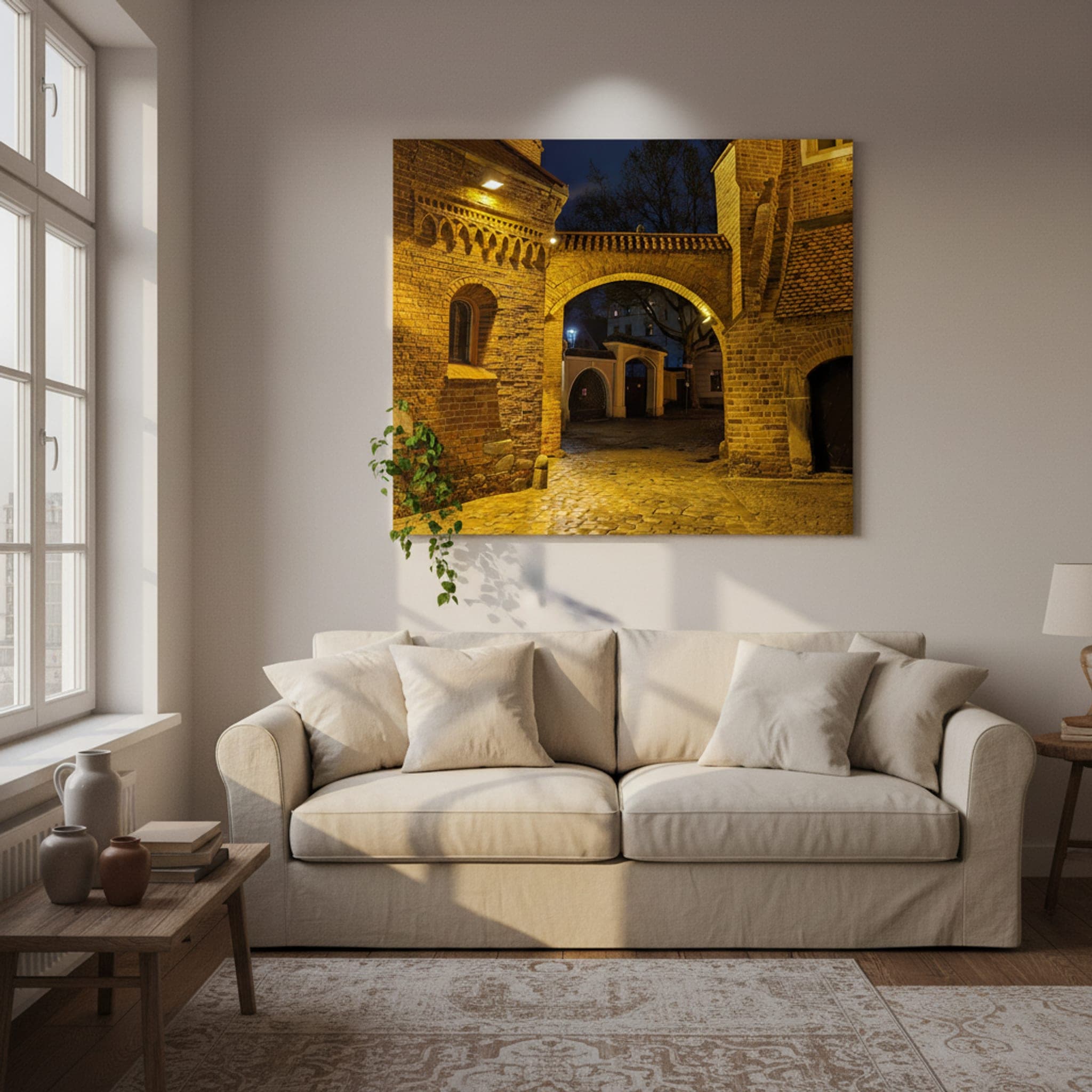Wrocław's Whispering Archway shown as a canvas print in a styled interior, view 2 of 3