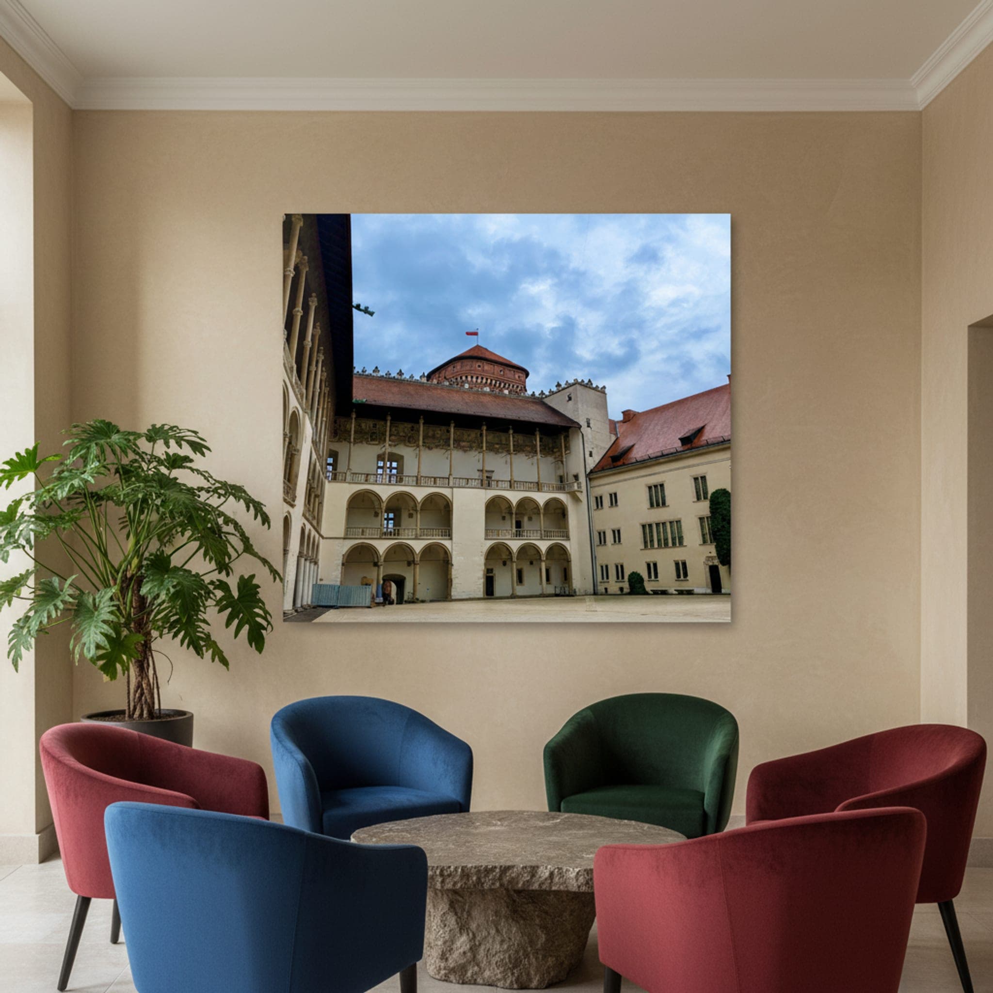 Krakow Courtyard Serenity shown as a canvas print in a styled interior, view 2 of 3