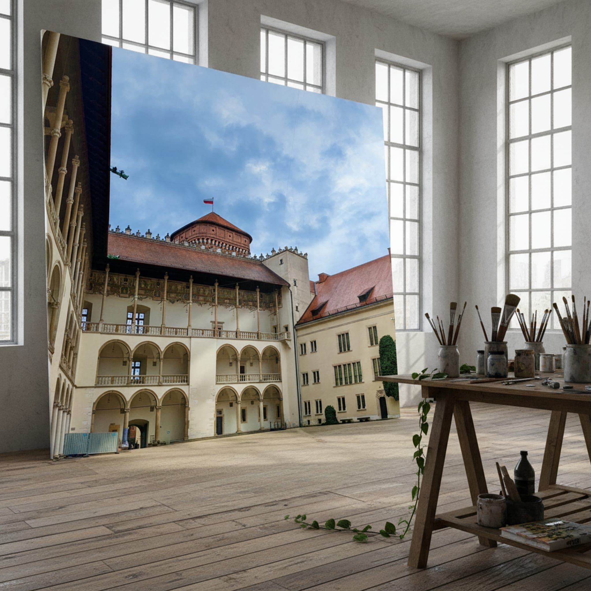 Krakow Courtyard Serenity shown as a canvas print in a styled interior, view 3 of 3