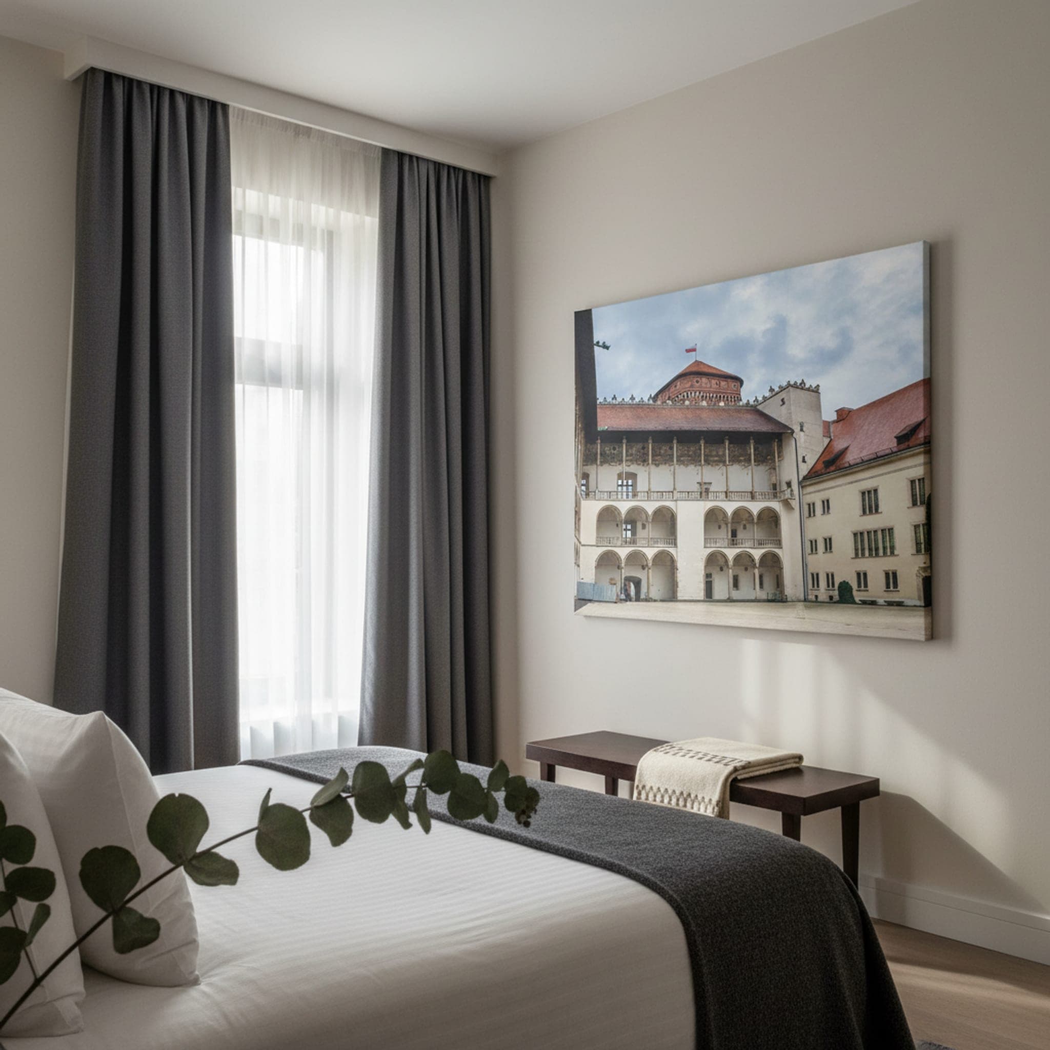 Krakow Courtyard Serenity shown as a canvas print in a styled interior, view 1 of 3