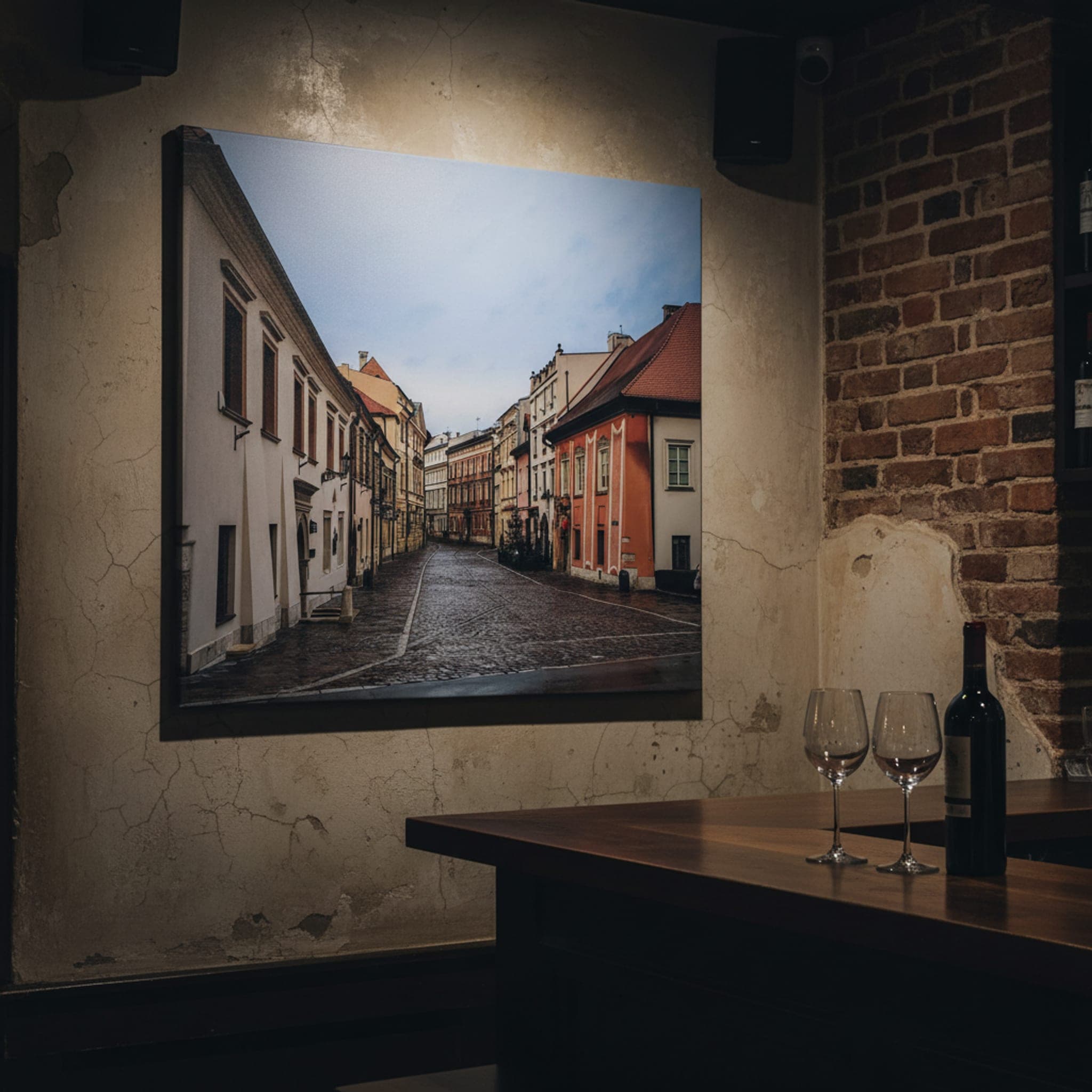 Krakow's Quiet Lane shown as a canvas print in a styled interior, view 1 of 3