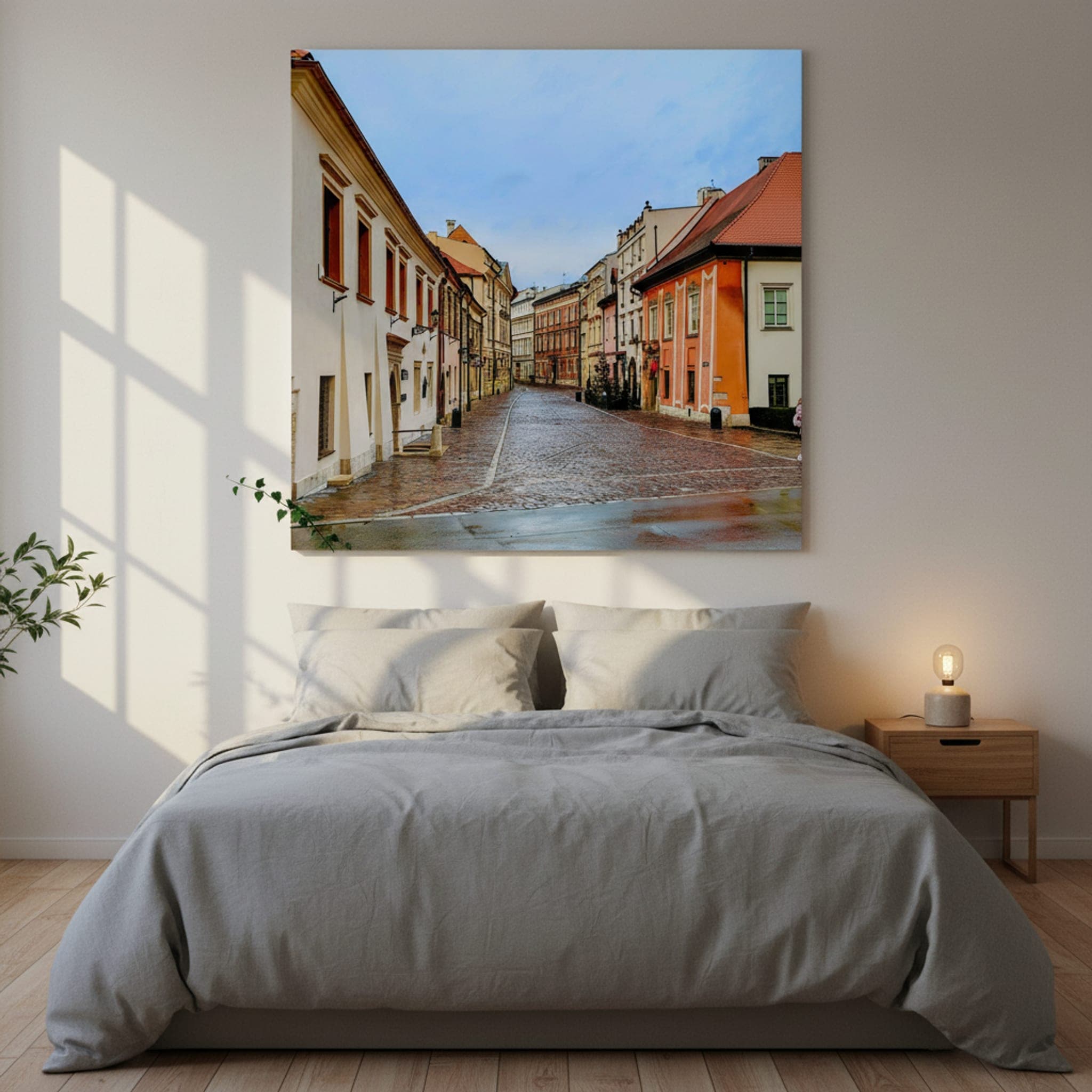 Krakow's Quiet Lane shown as a canvas print in a styled interior, view 2 of 3