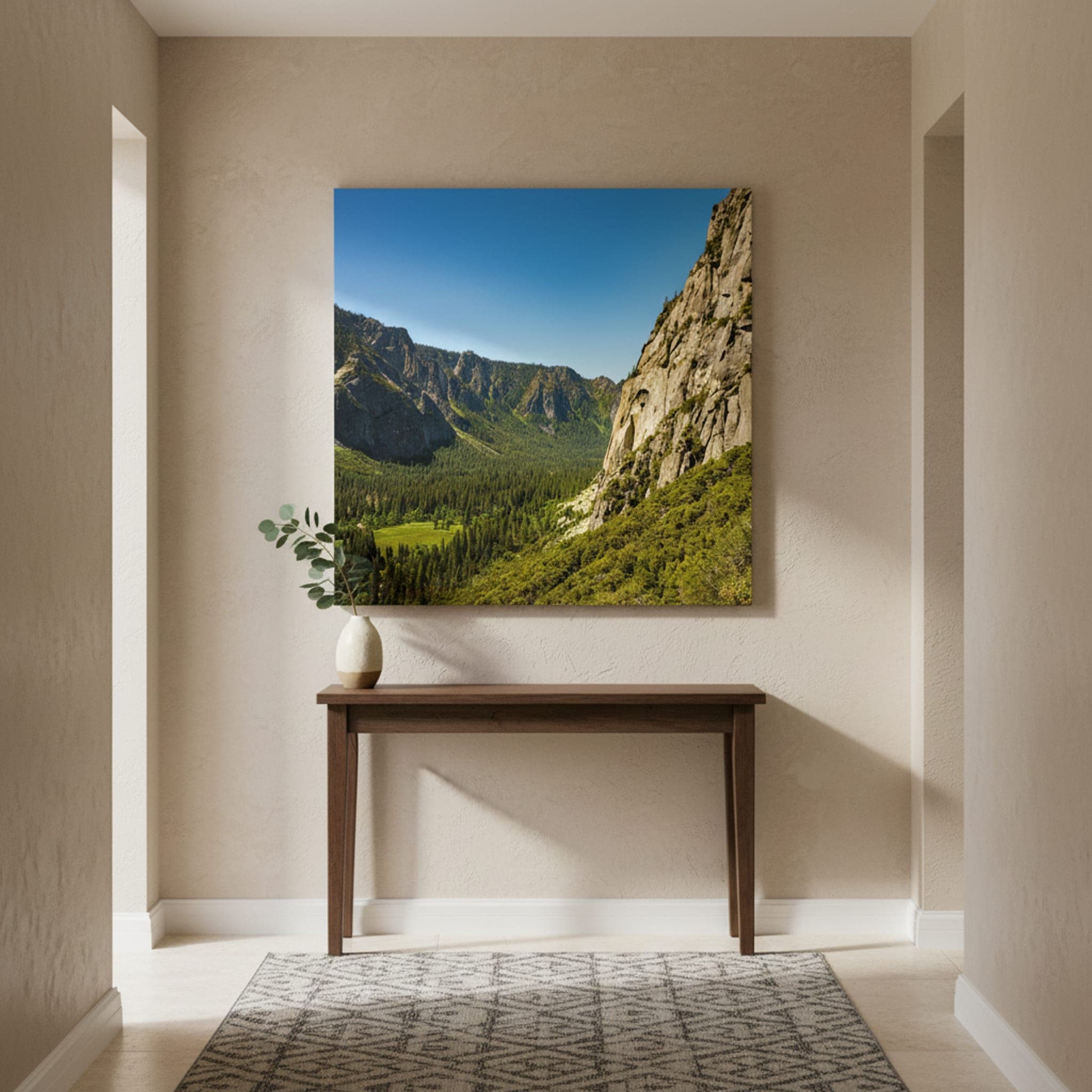 Yosemite Valley's Granite Embrace shown as a canvas print in a styled interior, view 1 of 3