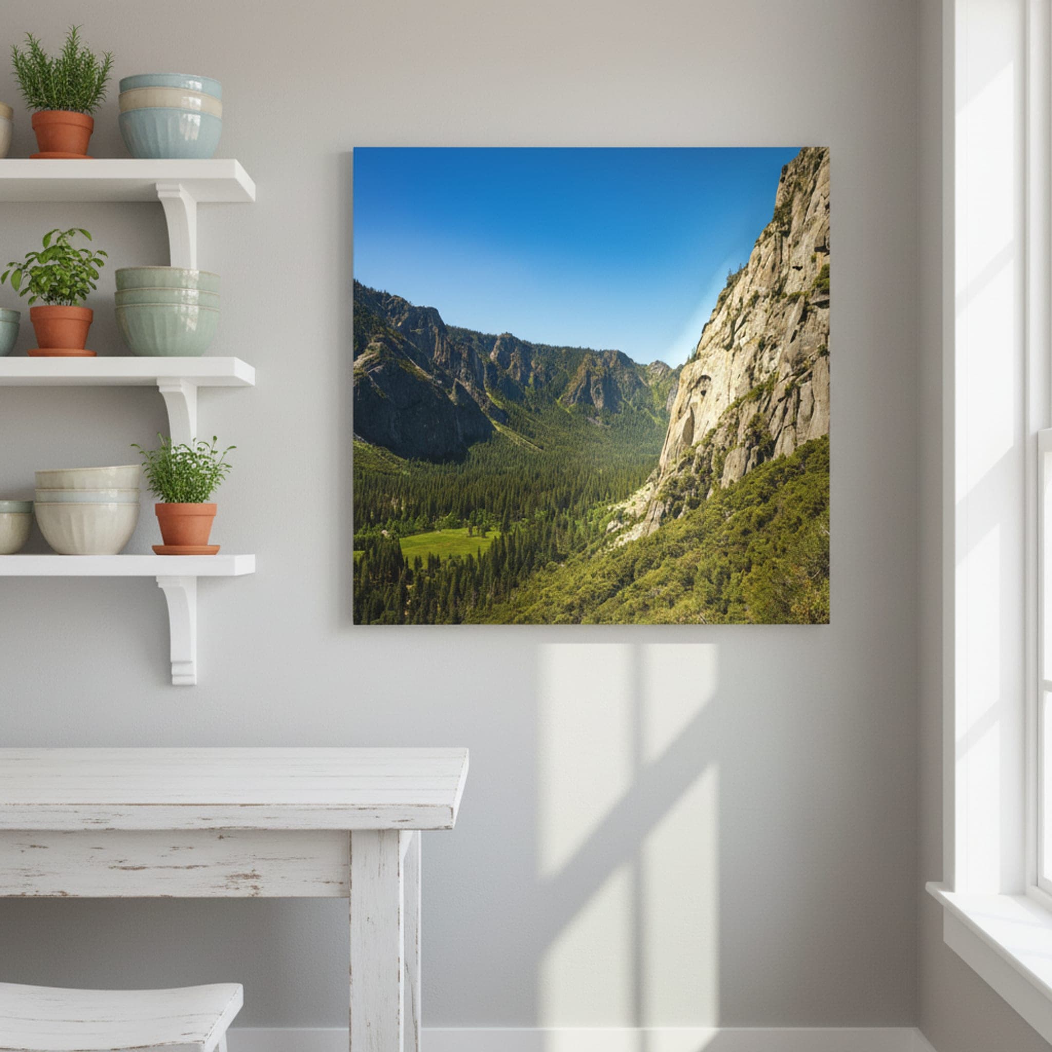 Yosemite Valley's Granite Embrace shown as a canvas print in a styled interior, view 2 of 3