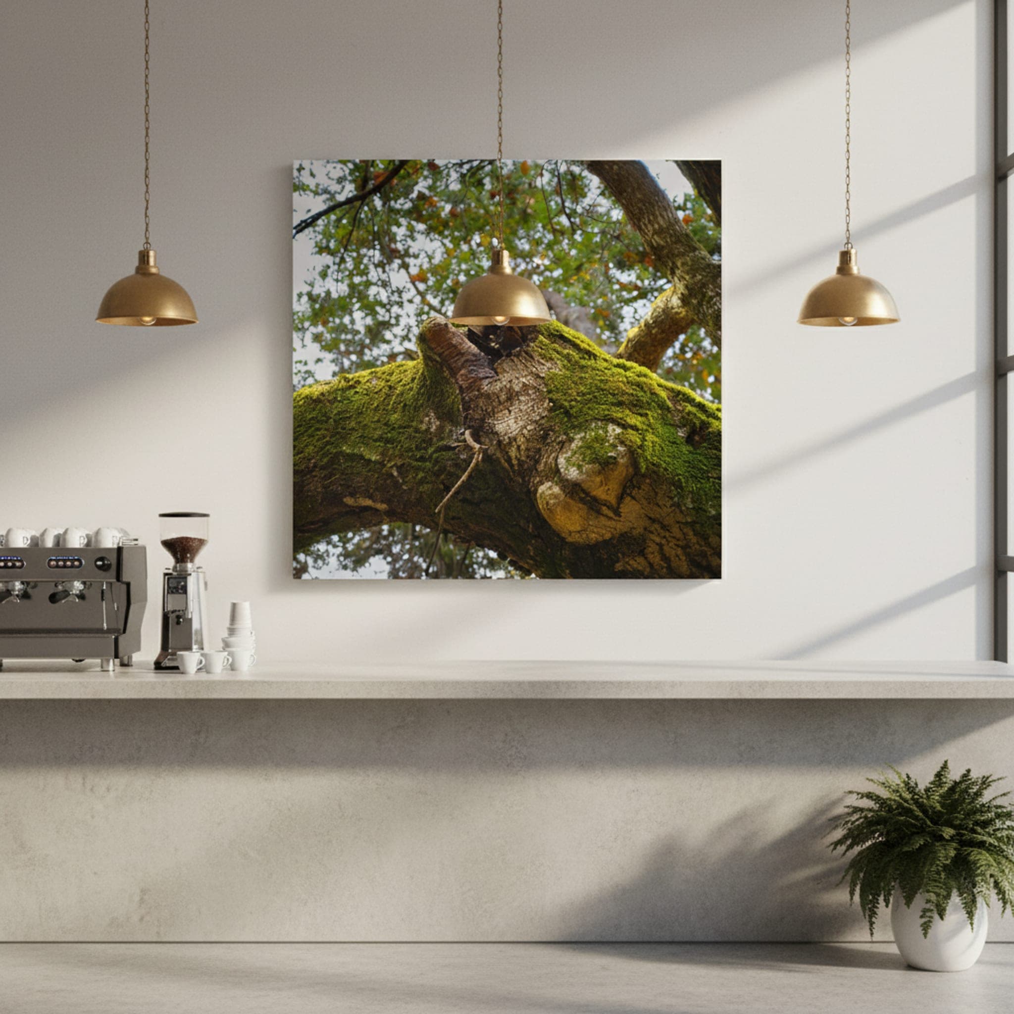 Moss-Kissed Branch shown as a canvas print in a styled interior, view 3 of 3