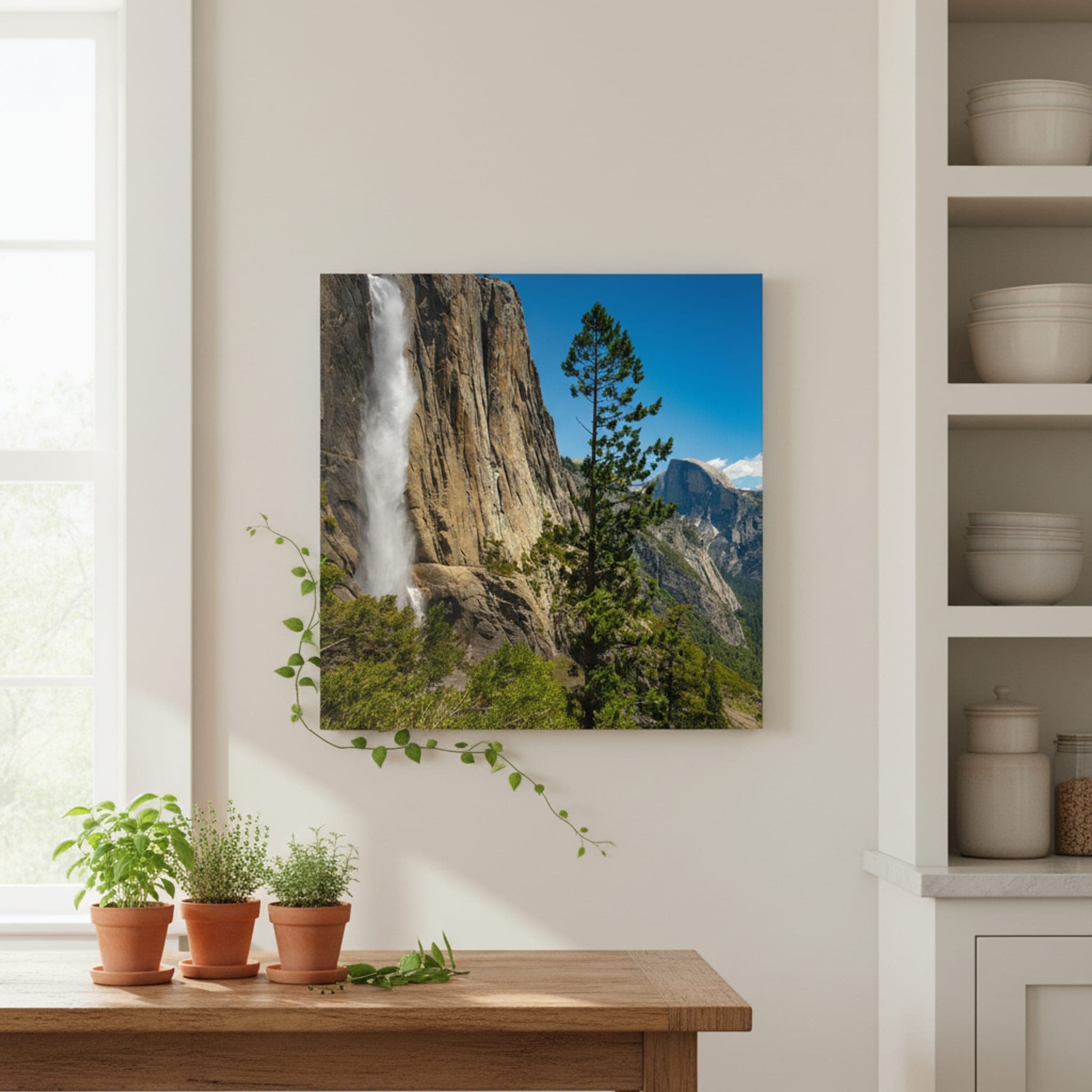 Yosemite Falls Majesty shown as a canvas print in a styled interior, view 1 of 3
