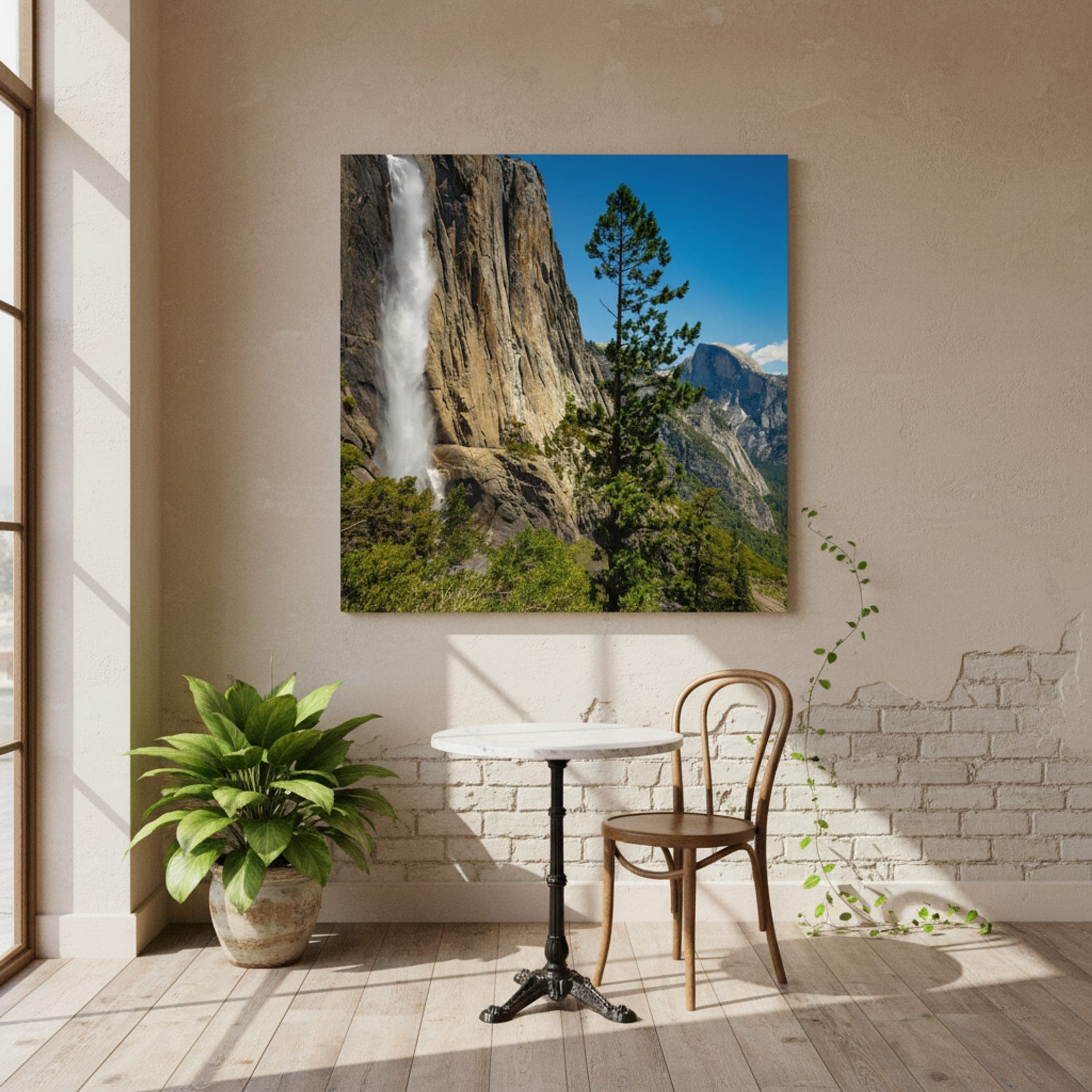 Yosemite Falls Majesty shown as a canvas print in a styled interior, view 3 of 3