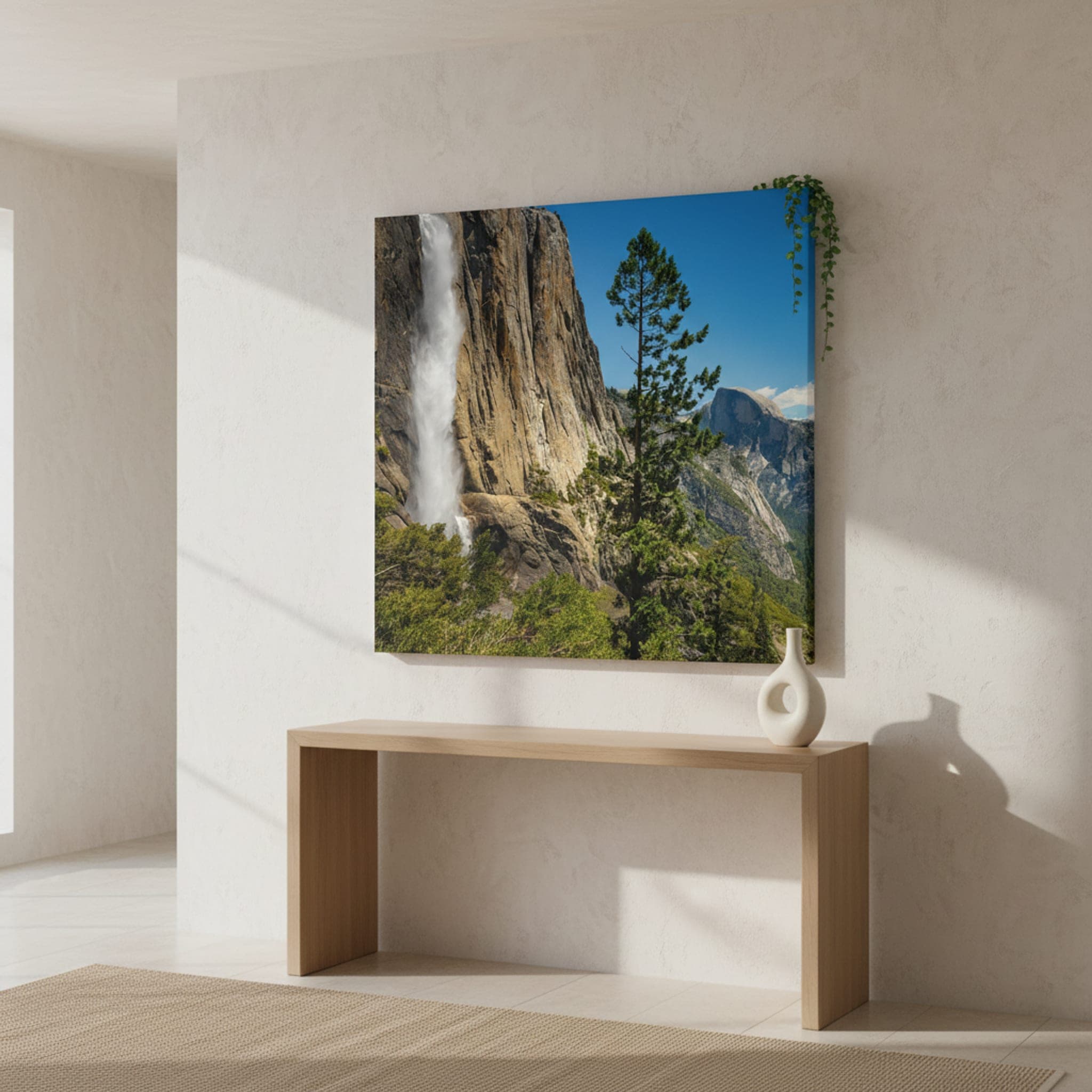 Yosemite Falls Majesty shown as a canvas print in a styled interior, view 2 of 3