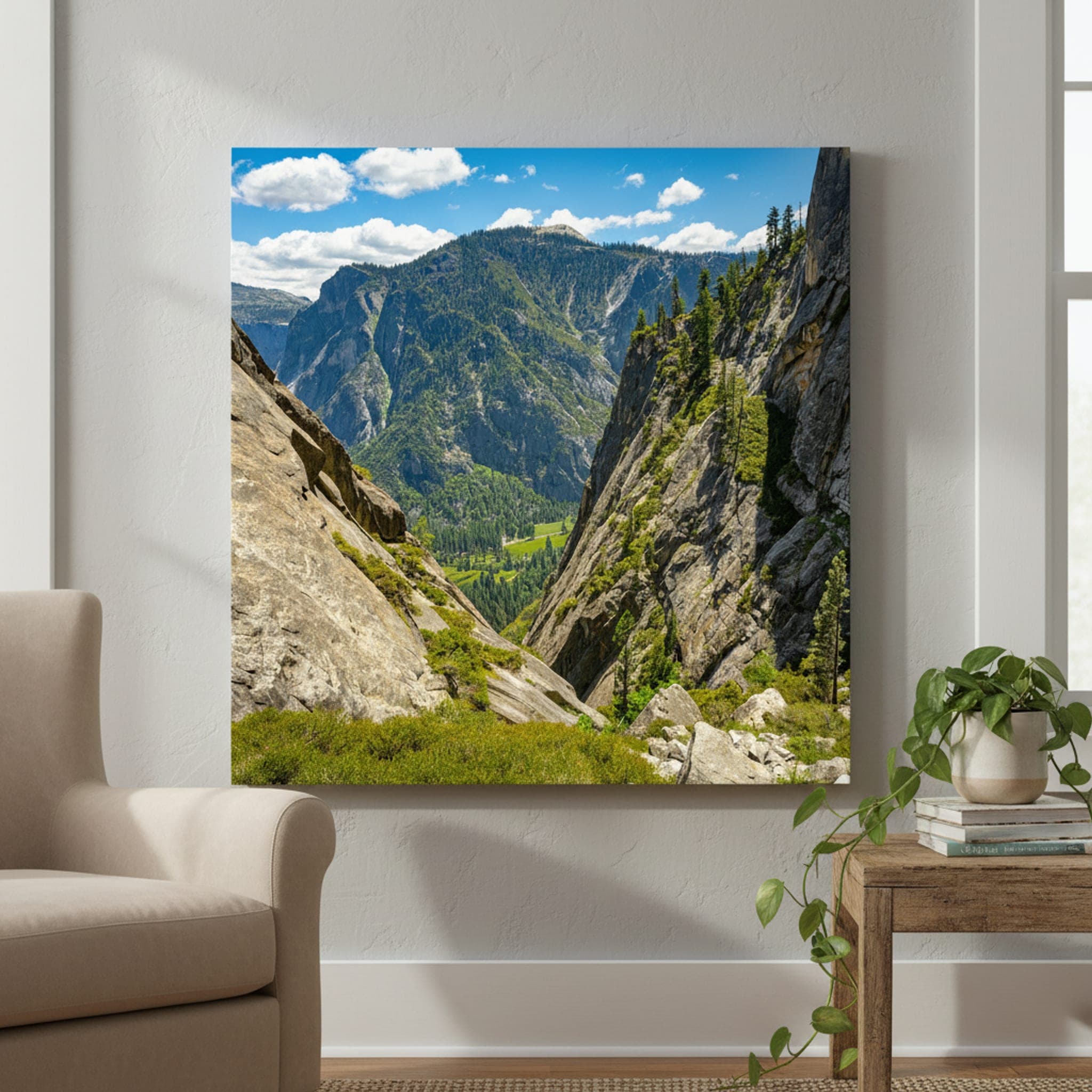 Yosemite Valley's Embrace shown as a canvas print in a styled interior, view 1 of 3