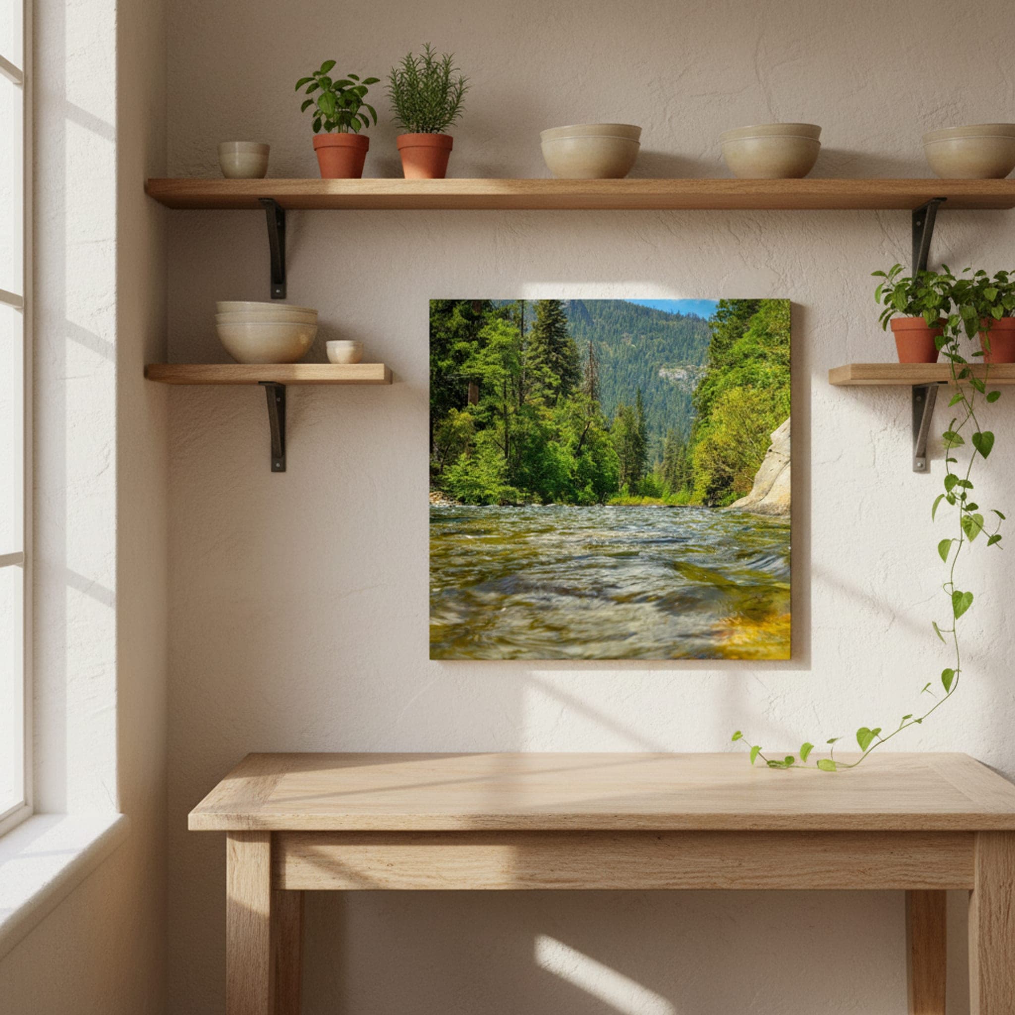 Yosemite River Flow shown as a canvas print in a styled interior, view 1 of 3