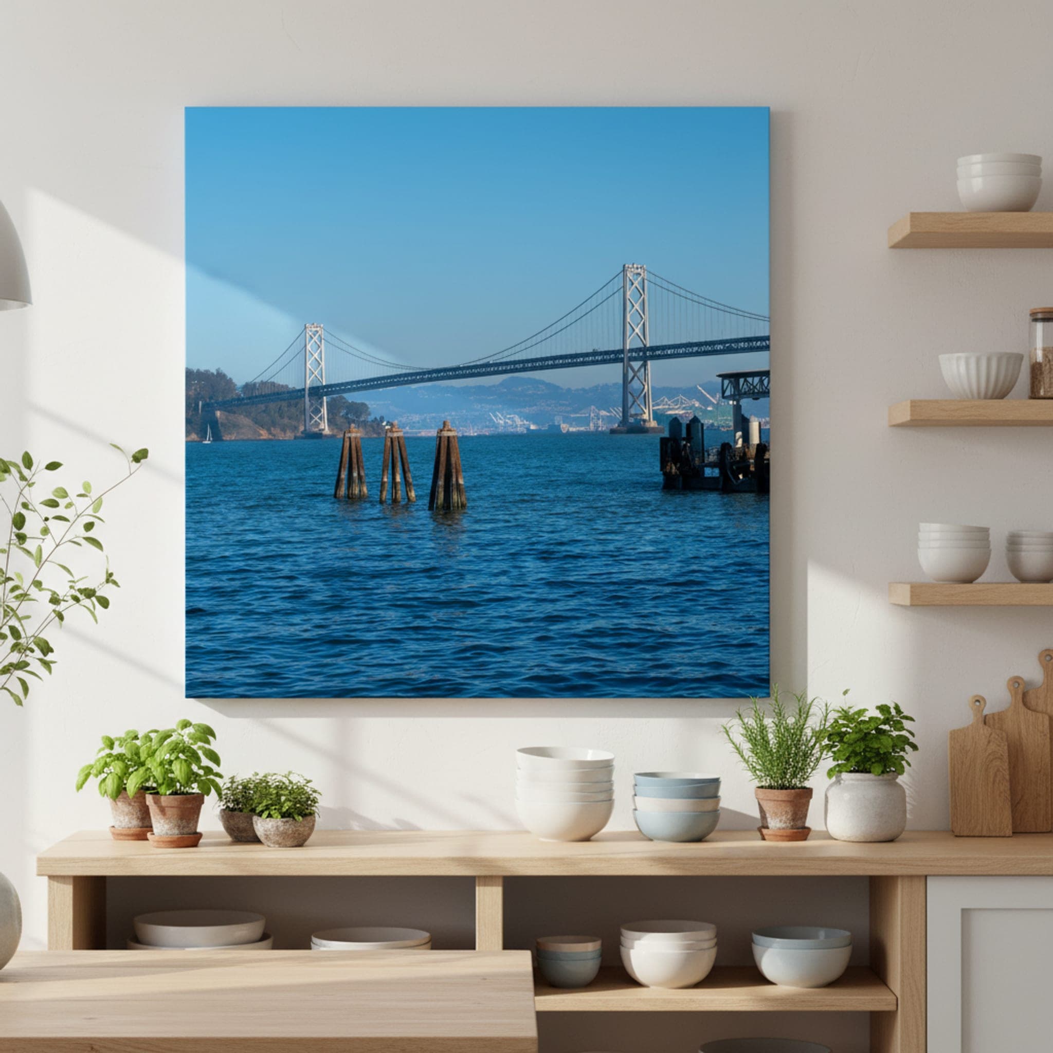 Bay Bridge Serenity shown as a canvas print in a styled interior, view 1 of 3