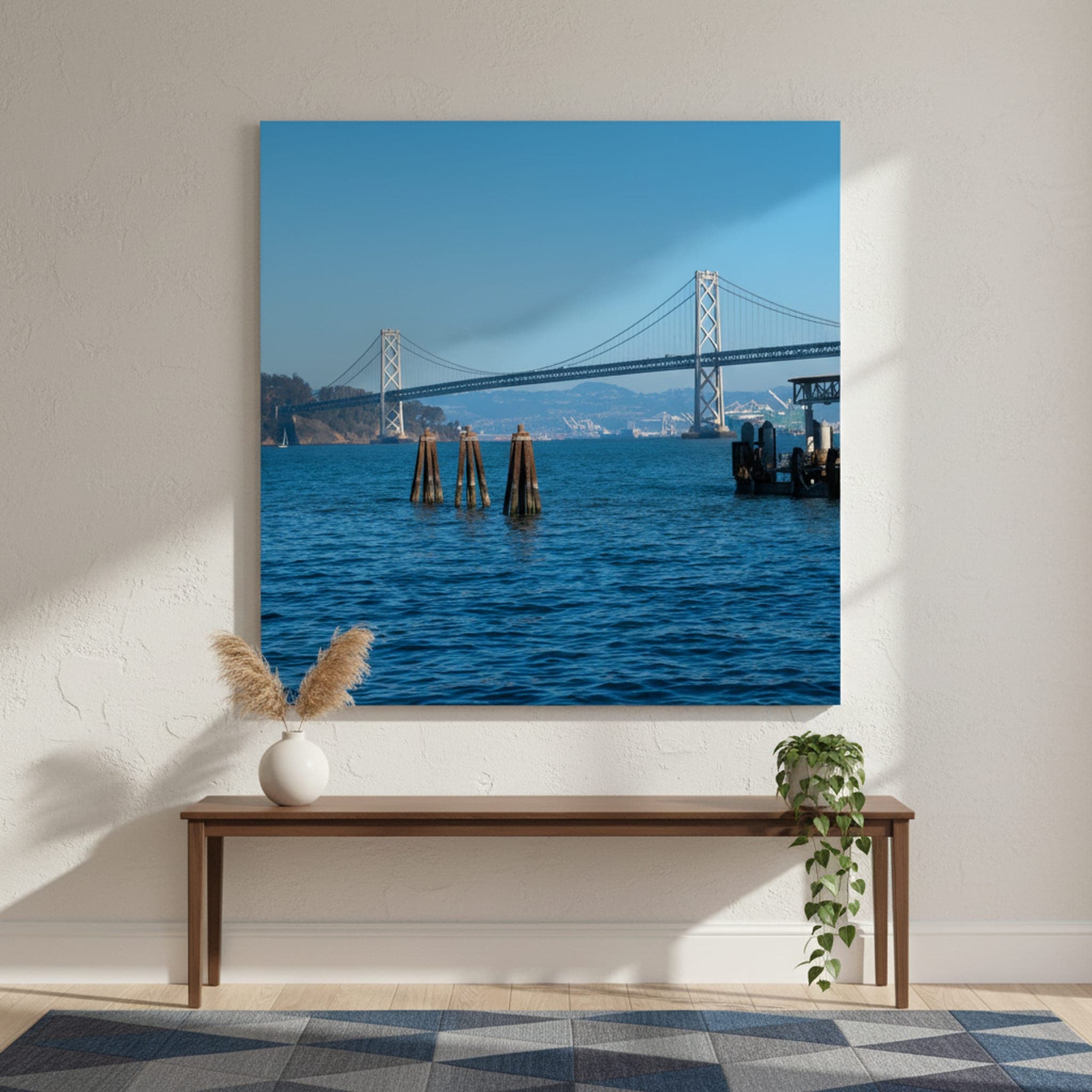Bay Bridge Serenity shown as a canvas print in a styled interior, view 2 of 3