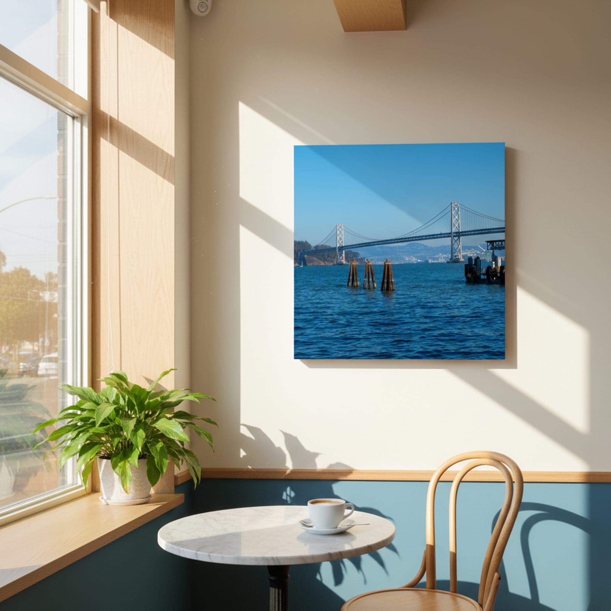 Bay Bridge Serenity shown as a canvas print in a styled interior, view 3 of 3