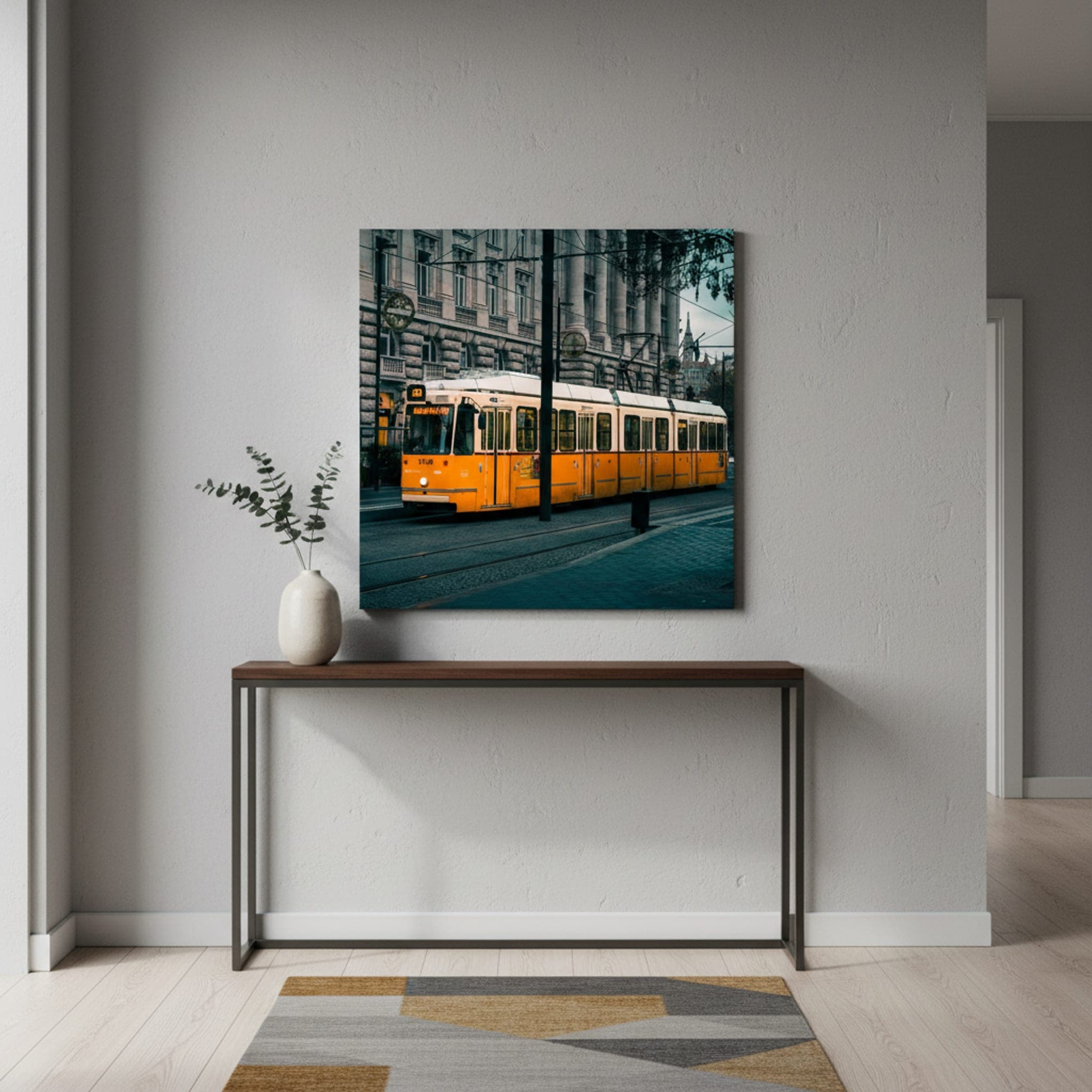 Budapest Morning Tram shown as a canvas print in a styled interior, view 2 of 3
