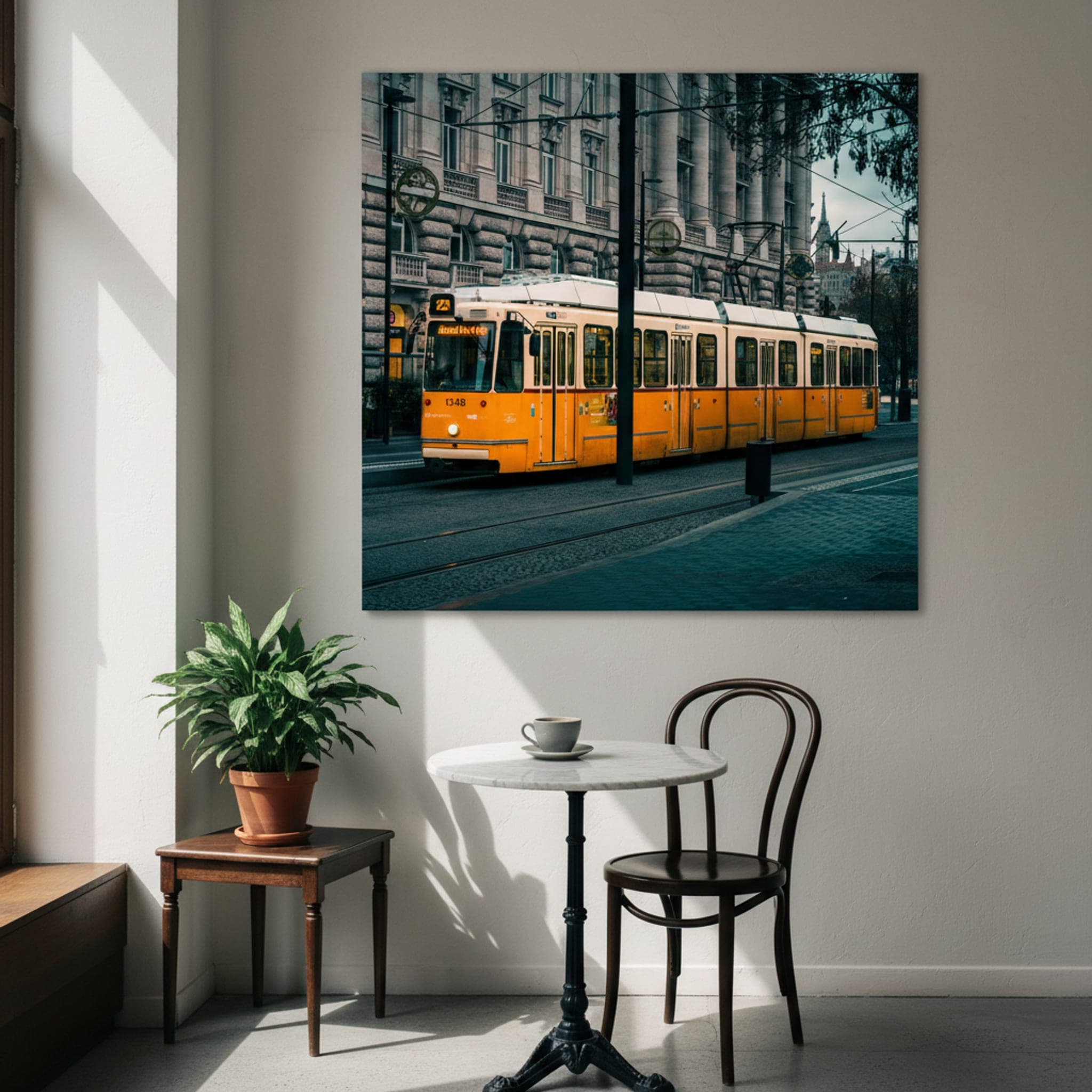 Budapest Morning Tram shown as a canvas print in a styled interior, view 1 of 3