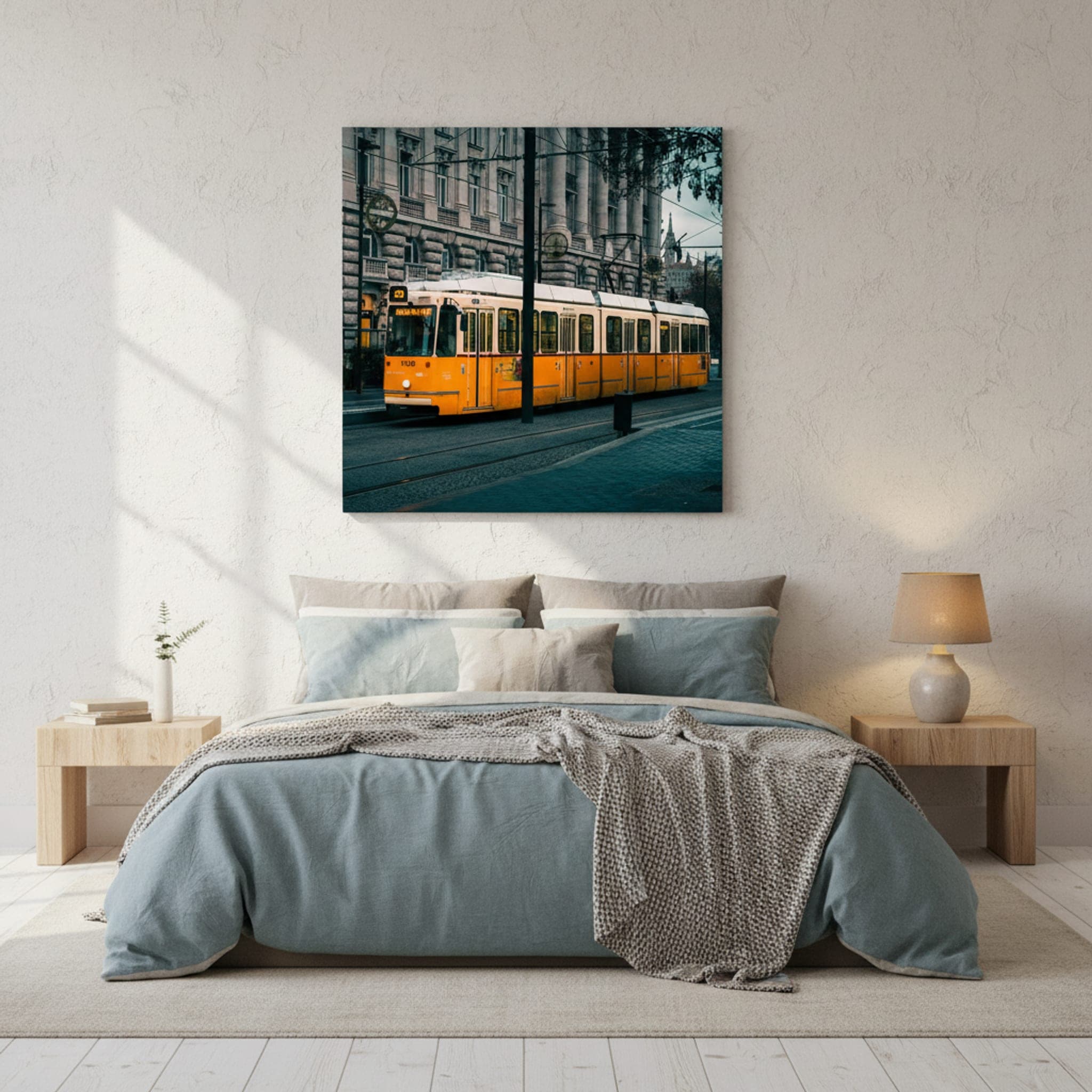 Budapest Morning Tram shown as a canvas print in a styled interior, view 3 of 3