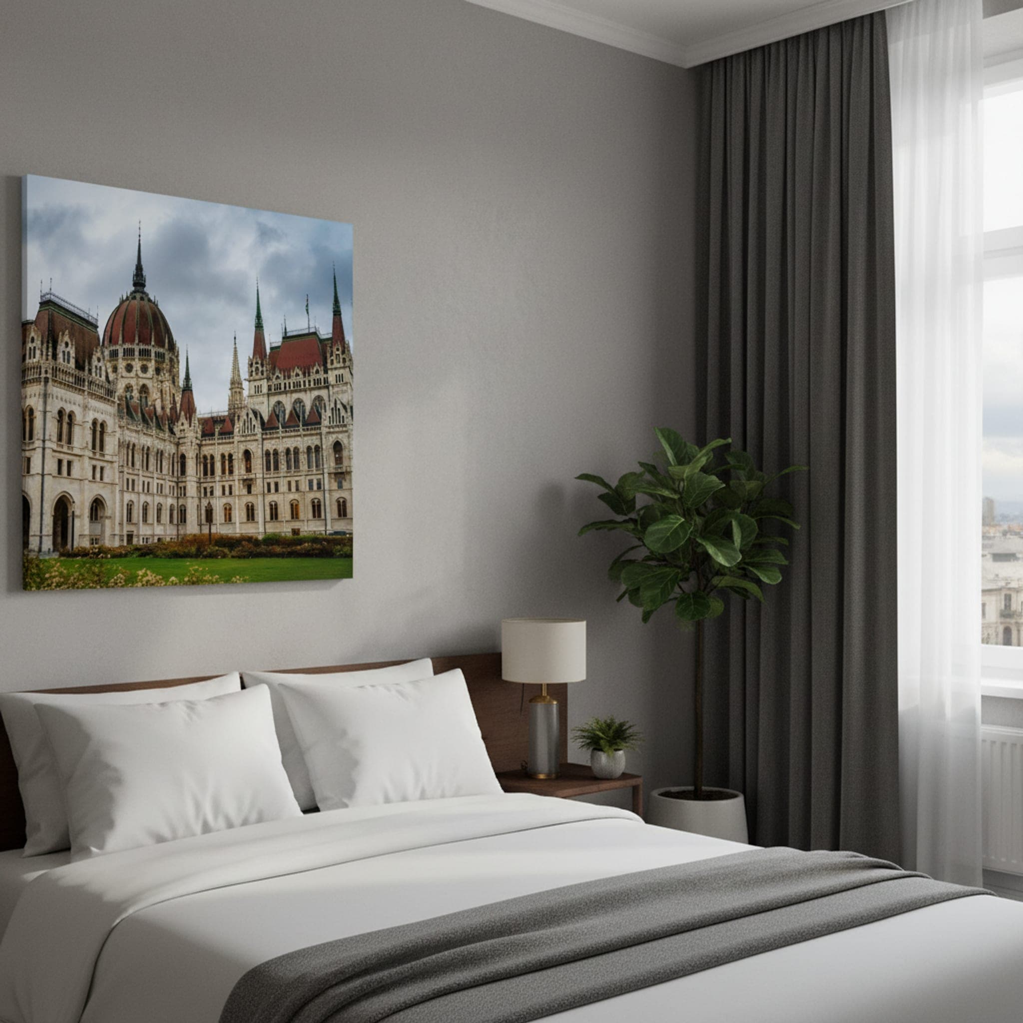 Budapest's Parliament Majesty shown as a canvas print in a styled interior, view 1 of 3