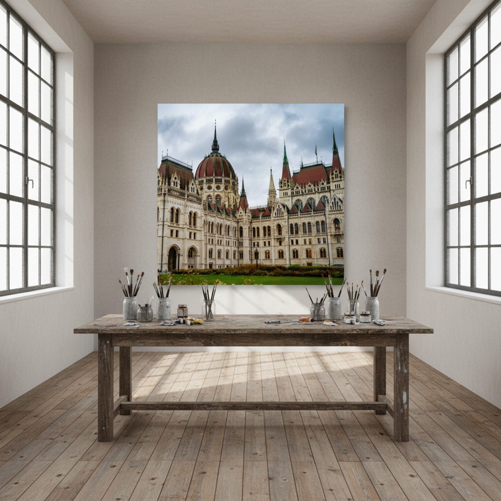 Budapest's Parliament Majesty shown as a canvas print in a styled interior, view 3 of 3