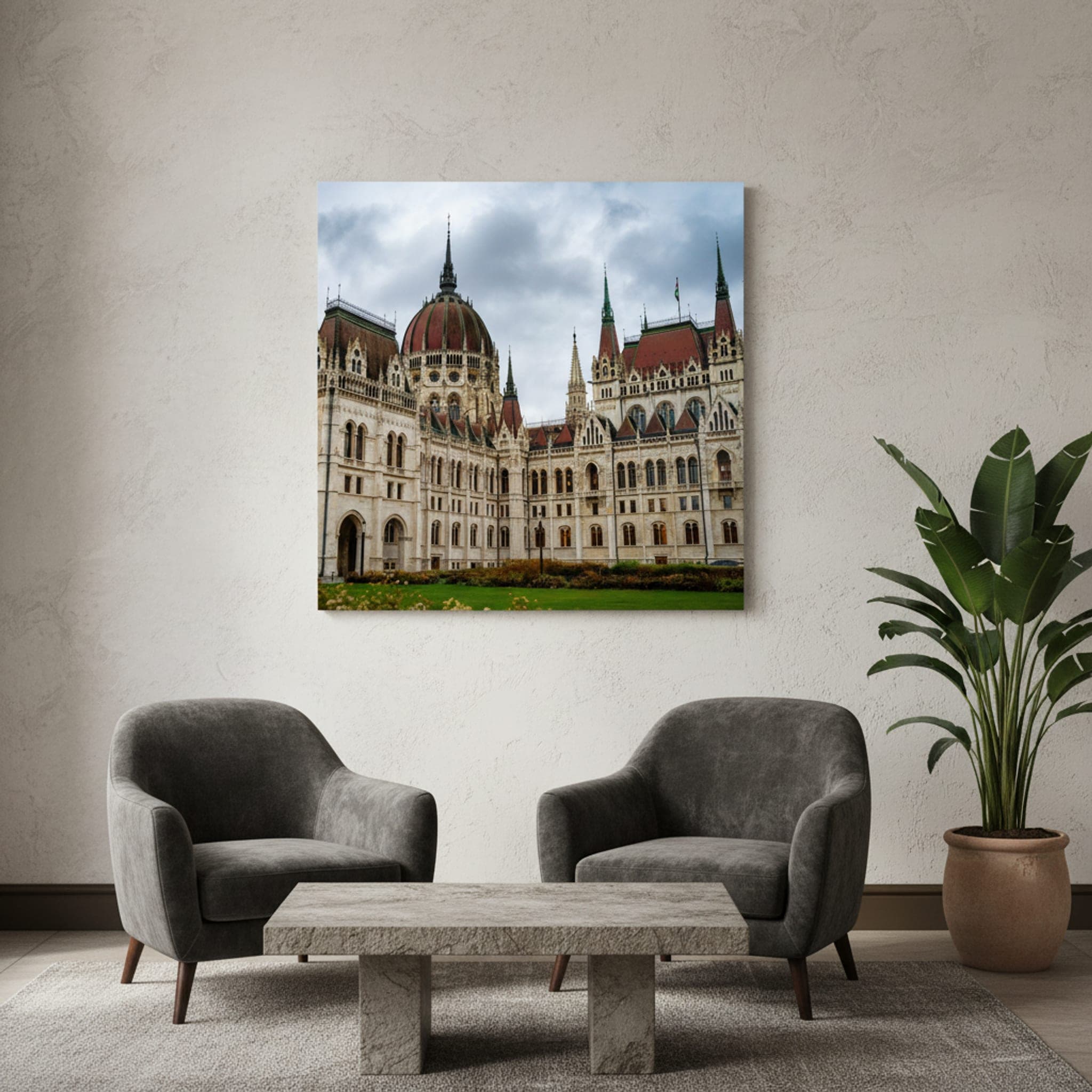 Budapest's Parliament Majesty shown as a canvas print in a styled interior, view 2 of 3