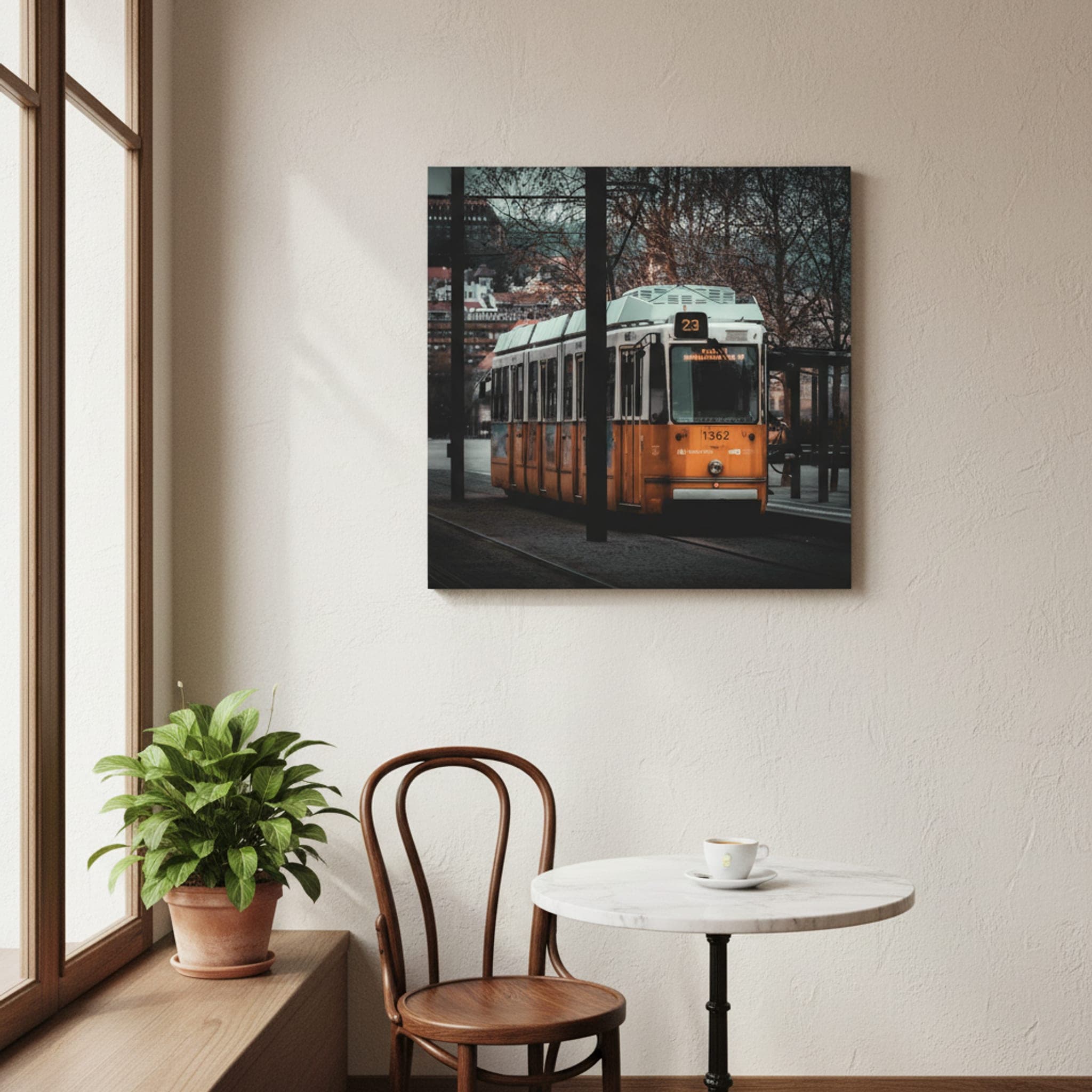 Budapest Winter Tram shown as a canvas print in a styled interior, view 3 of 3