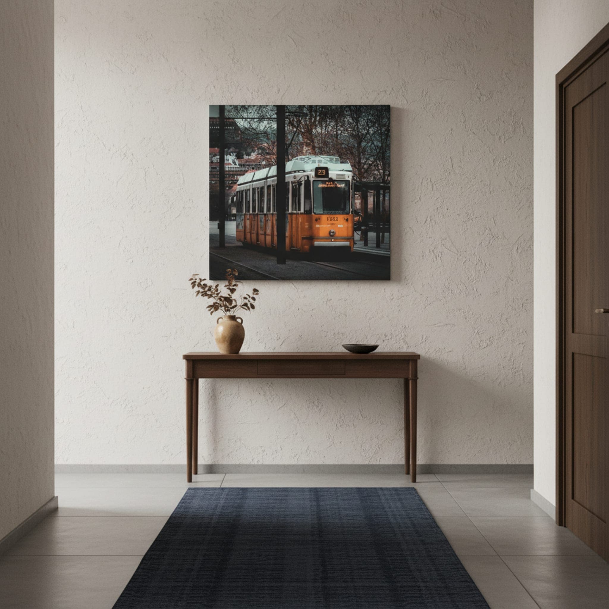 Budapest Winter Tram shown as a canvas print in a styled interior, view 2 of 3