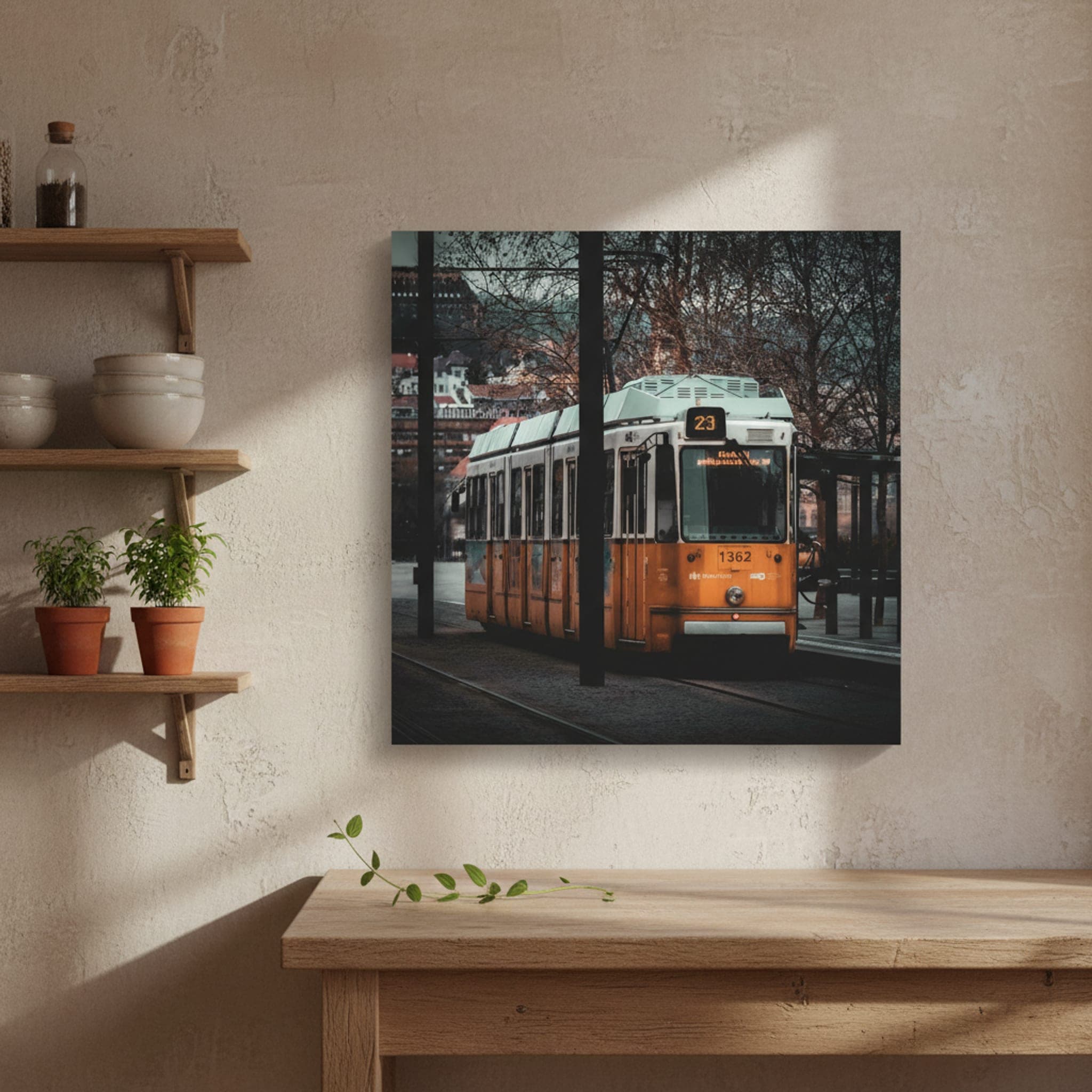 Budapest Winter Tram shown as a canvas print in a styled interior, view 1 of 3
