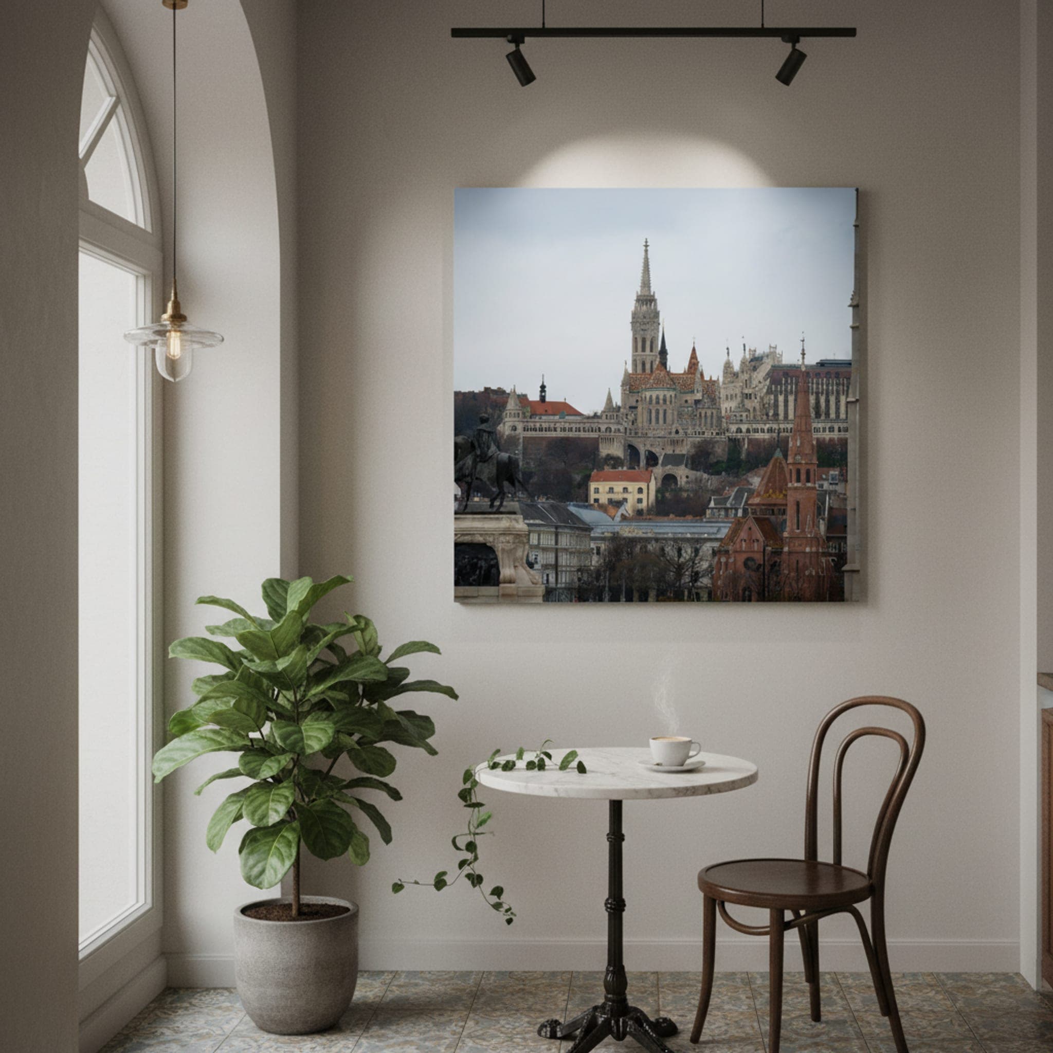 Budapest Castle Hill Panorama shown as a canvas print in a styled interior, view 2 of 3