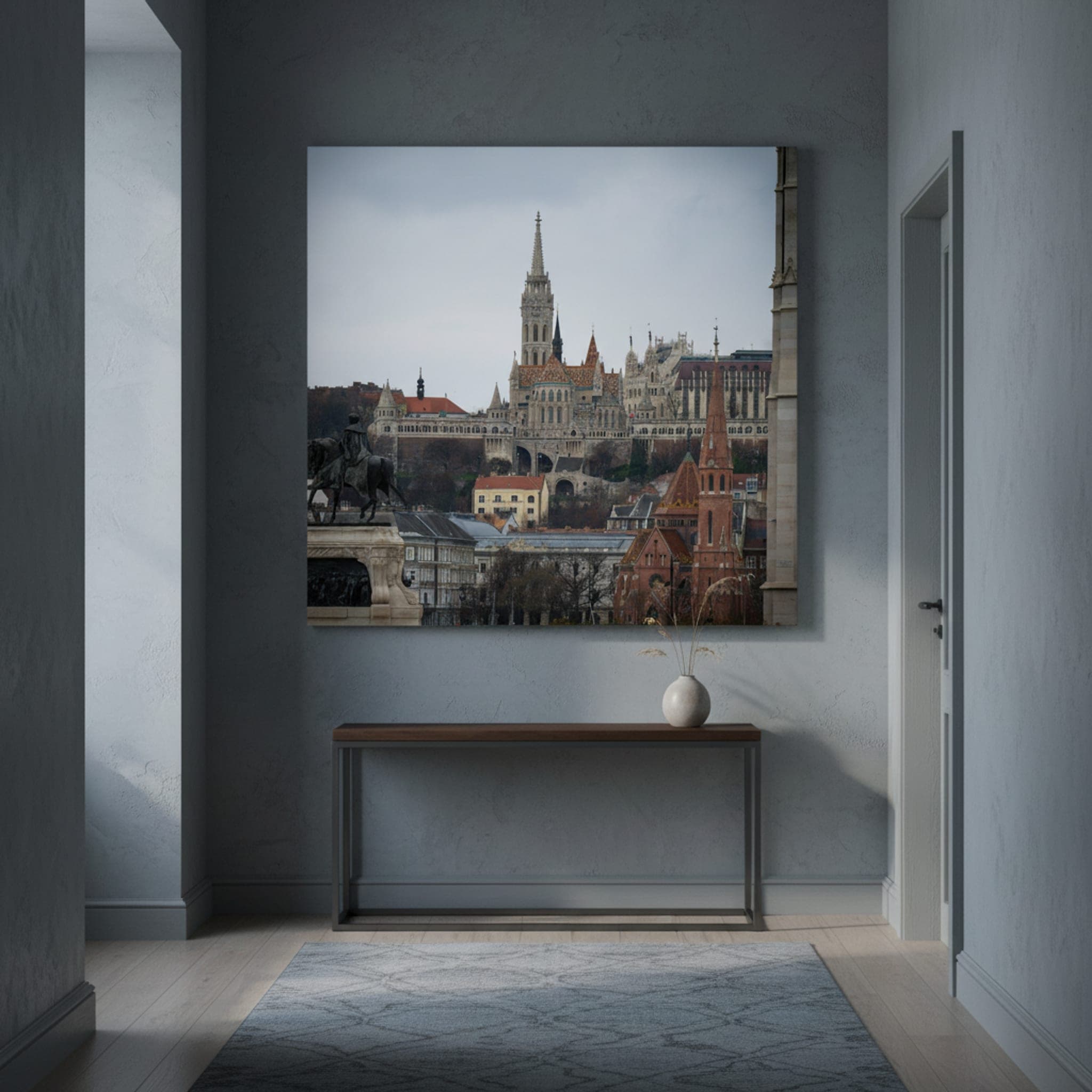 Budapest Castle Hill Panorama shown as a canvas print in a styled interior, view 1 of 3