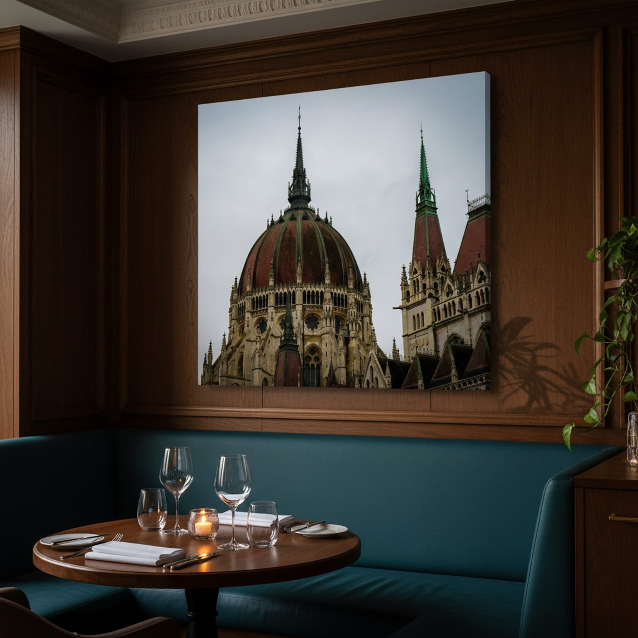 Budapest's Grand Dome shown as a canvas print in a styled interior, view 1 of 3