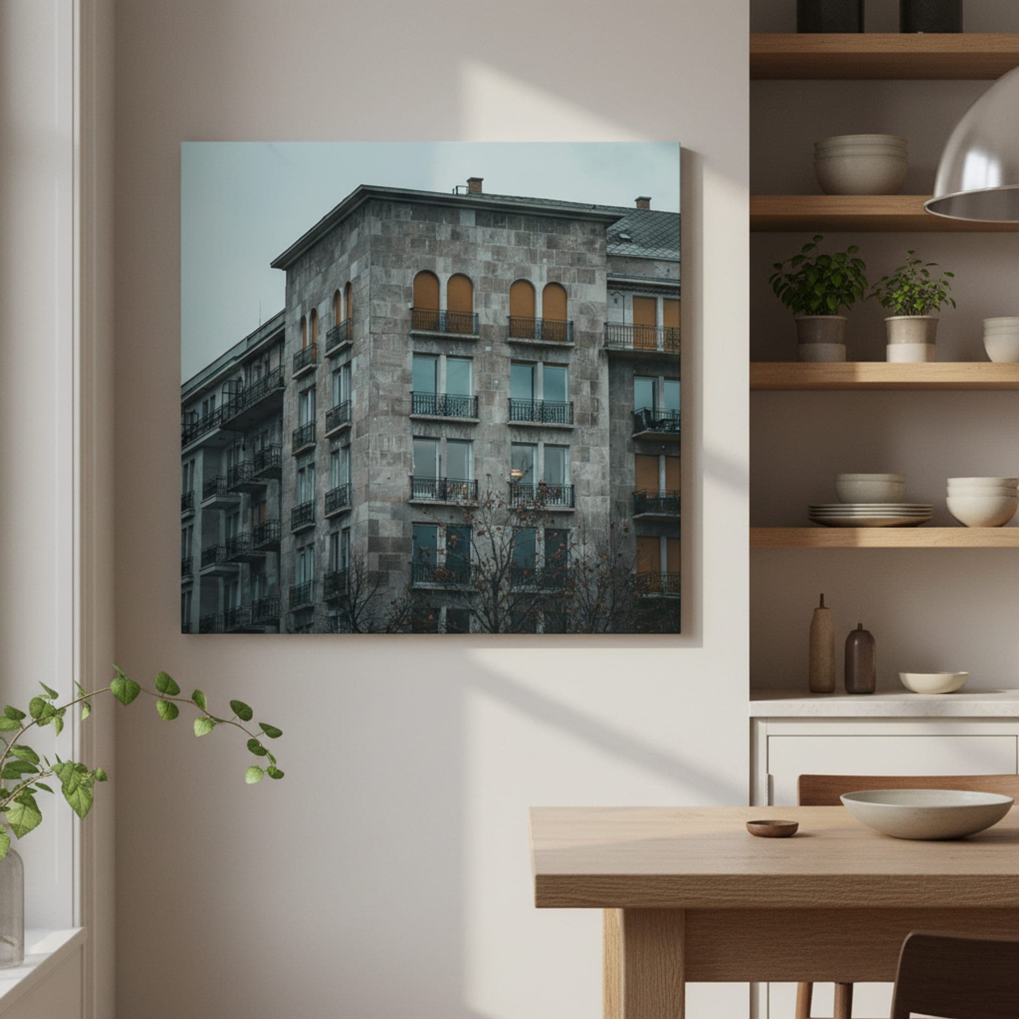 Budapest Stone Facade shown as a canvas print in a styled interior, view 3 of 3