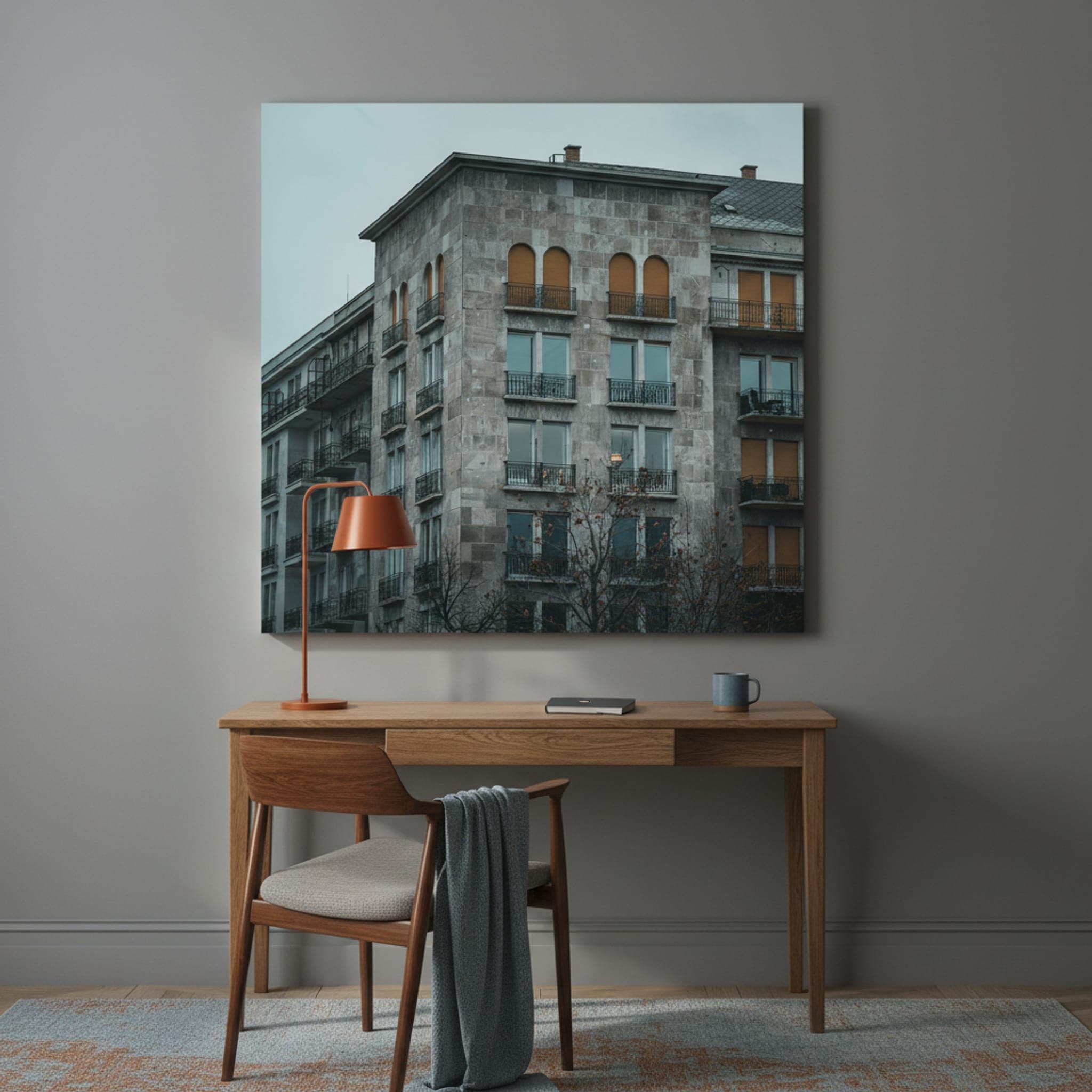 Budapest Stone Facade shown as a canvas print in a styled interior, view 1 of 3