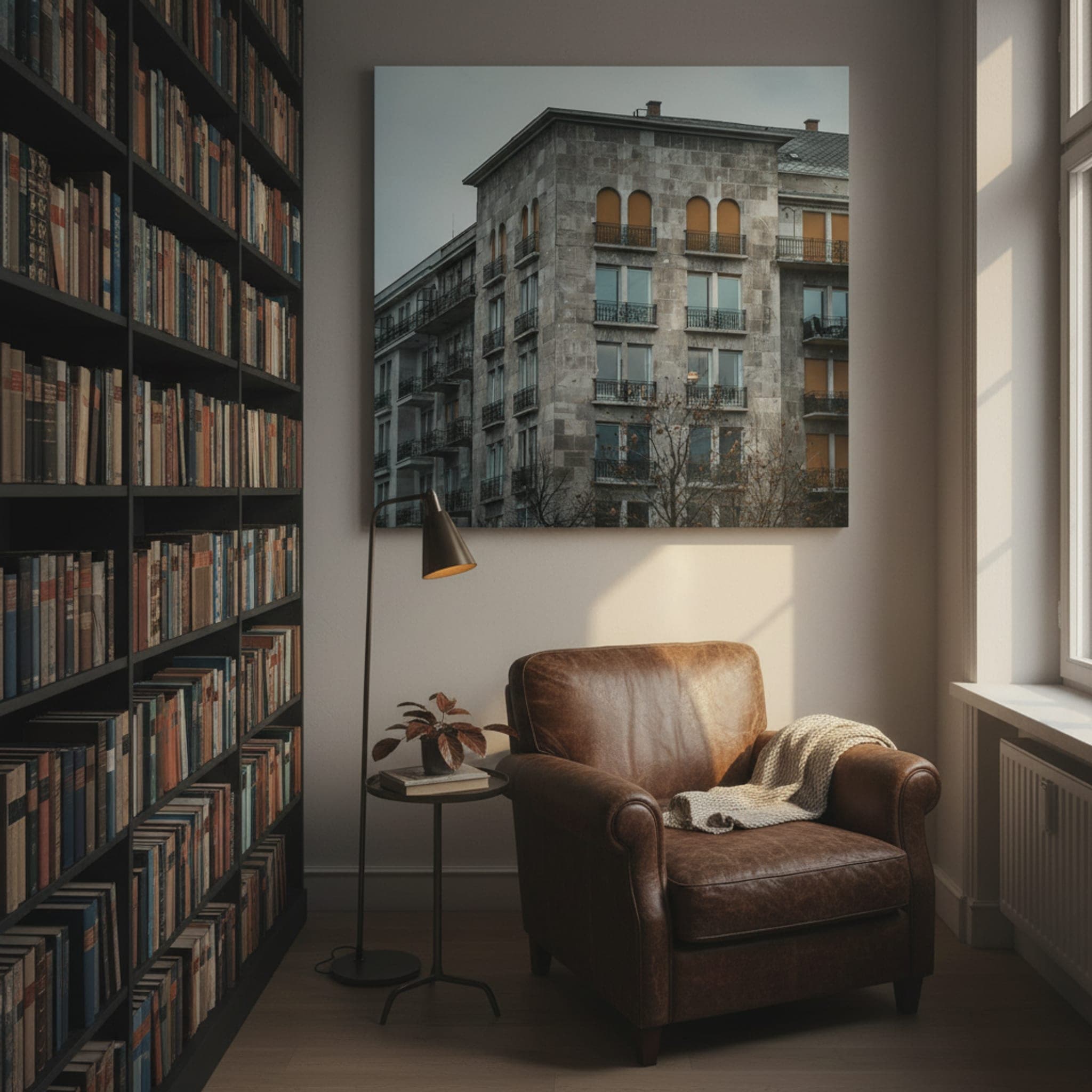 Budapest Stone Facade shown as a canvas print in a styled interior, view 2 of 3