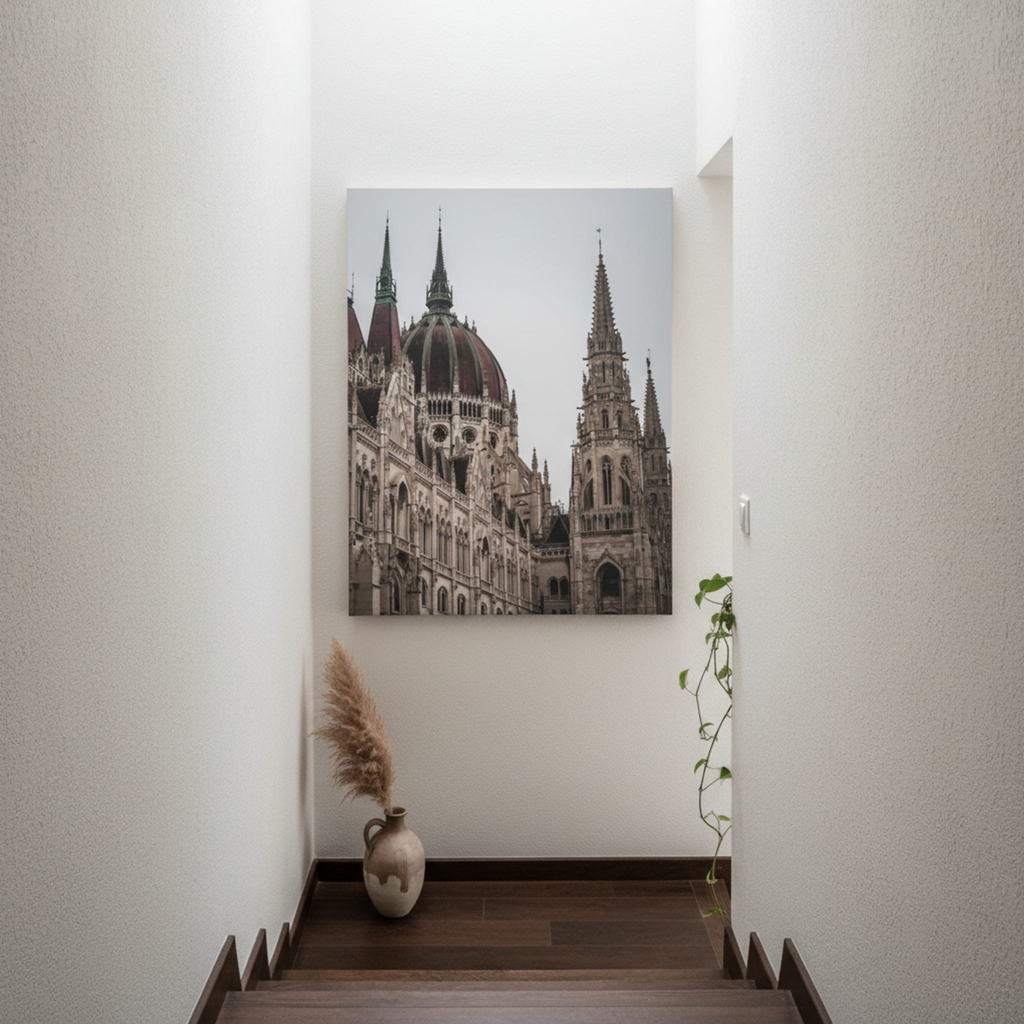 Budapest's Stone Symphony shown as a canvas print in a styled interior, view 3 of 3