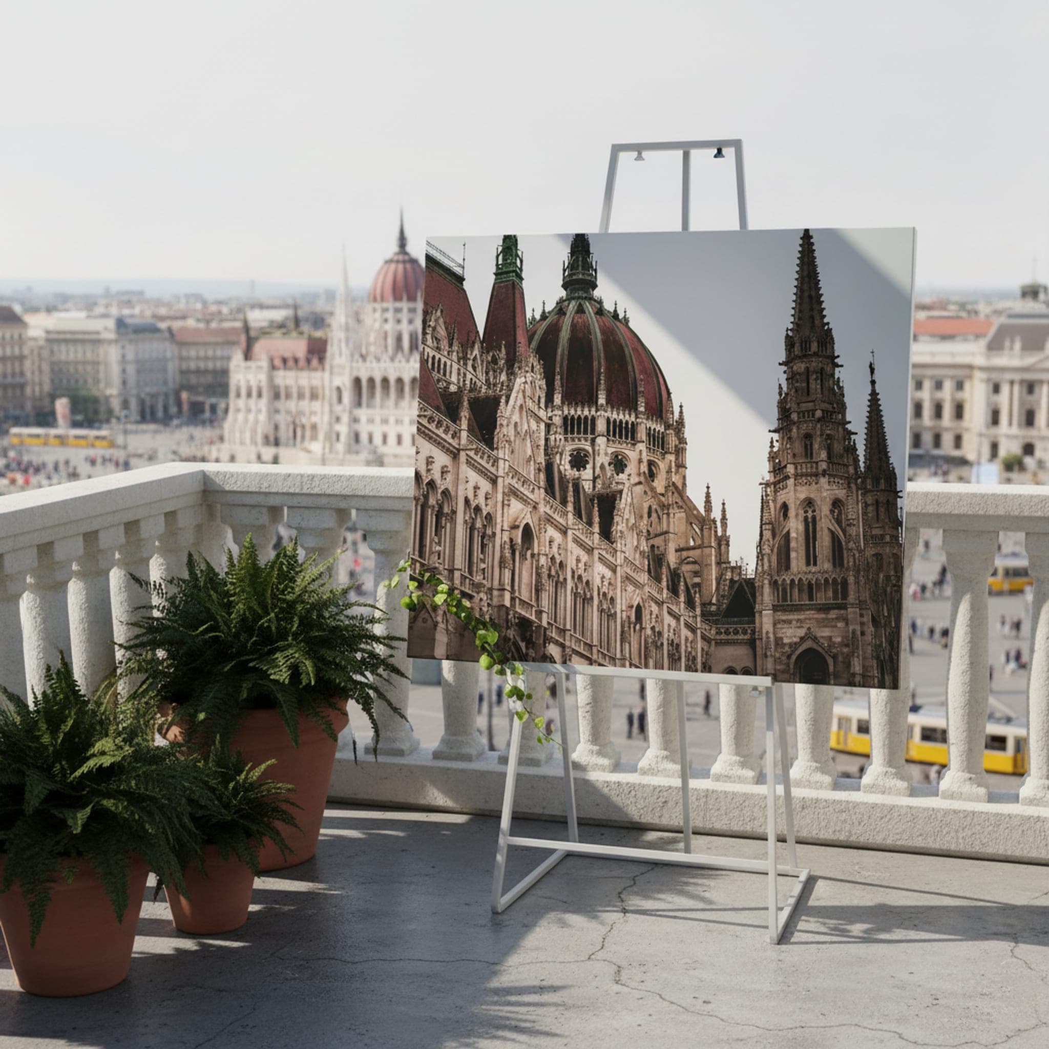 Budapest's Stone Symphony shown as a canvas print in a styled interior, view 2 of 3
