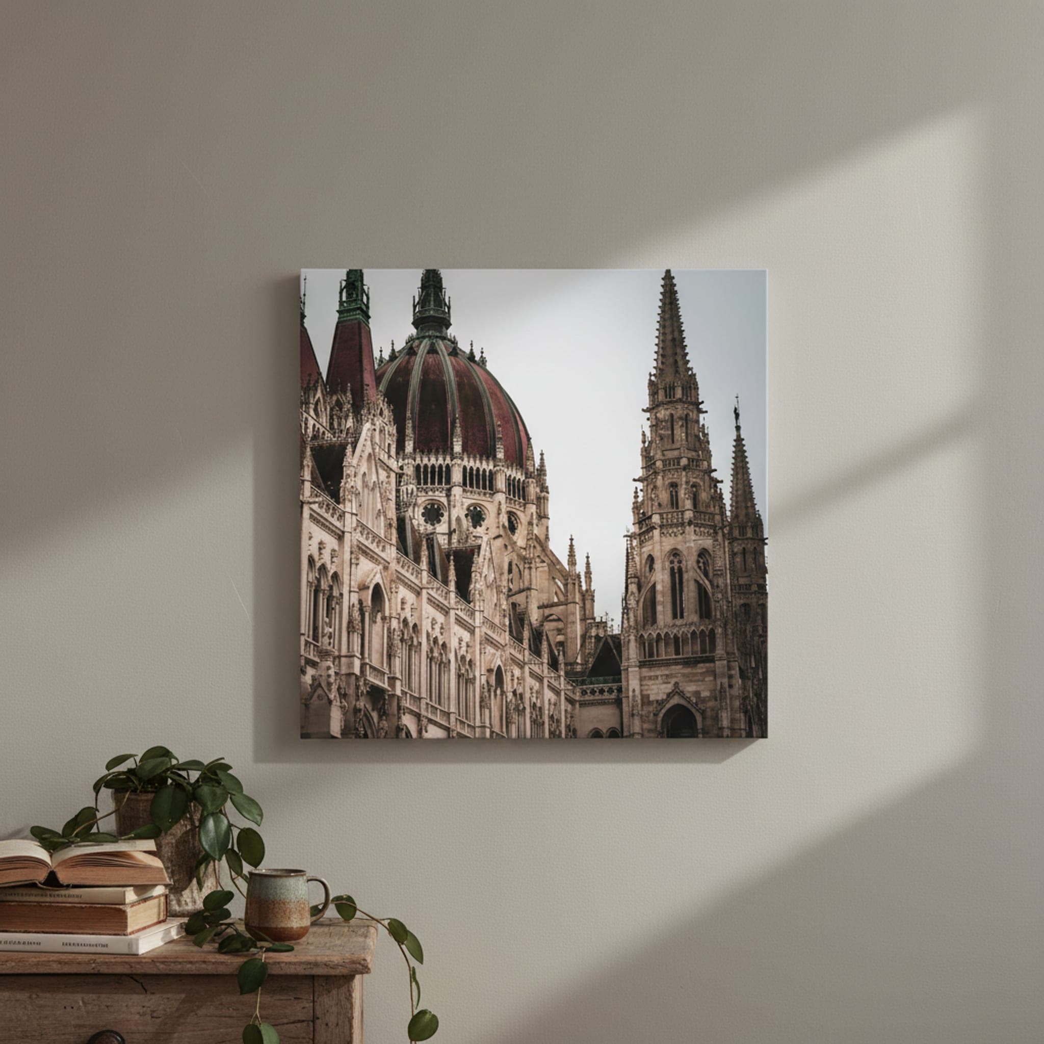 Budapest's Stone Symphony shown as a canvas print in a styled interior, view 1 of 3